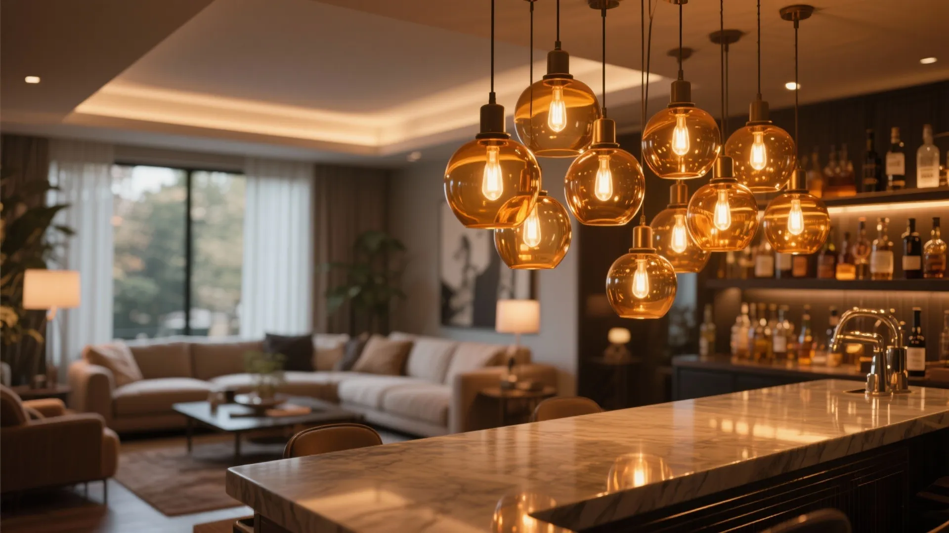 10. Statement Lighting Over the Bar Area