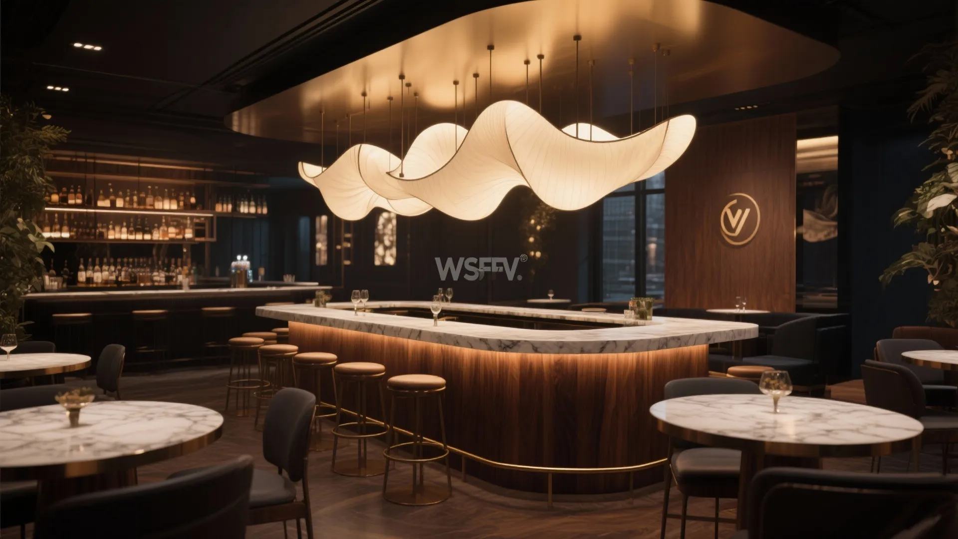 Modern bar with white marble counter wood paneling large wavy ceiling light and round tables