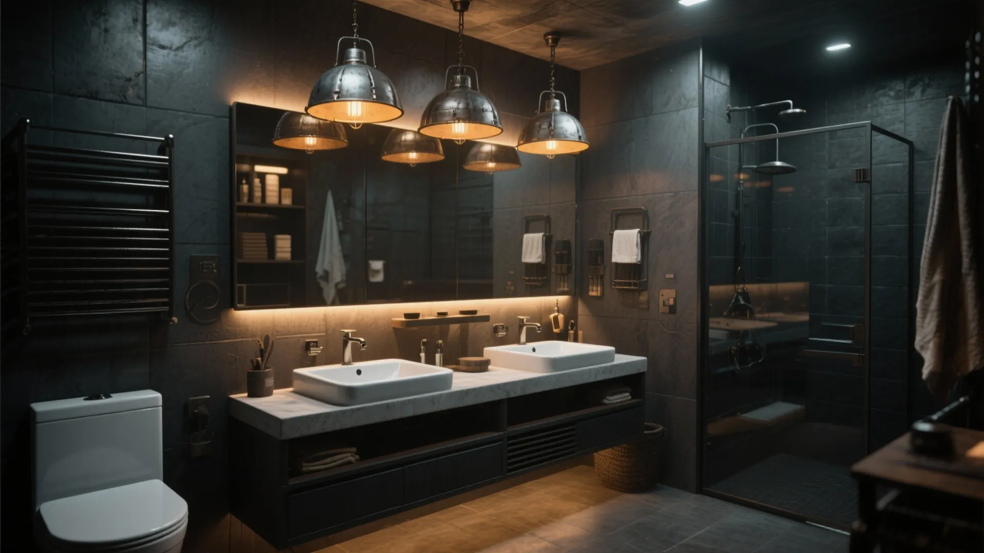 Industrial style bathroom with three metal ceiling lights double sinks large mirror and glass shower