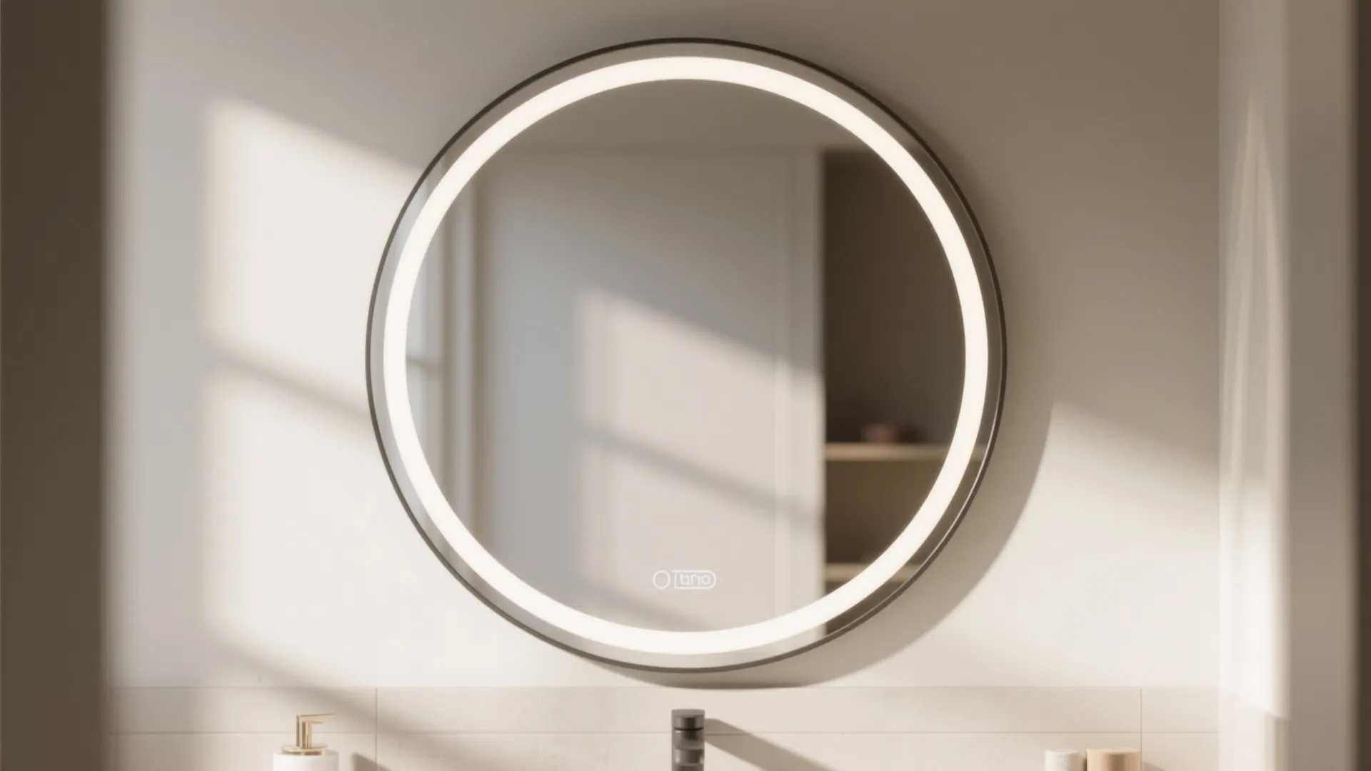 Modern round bathroom mirror with built in white light ring on a light beige wall