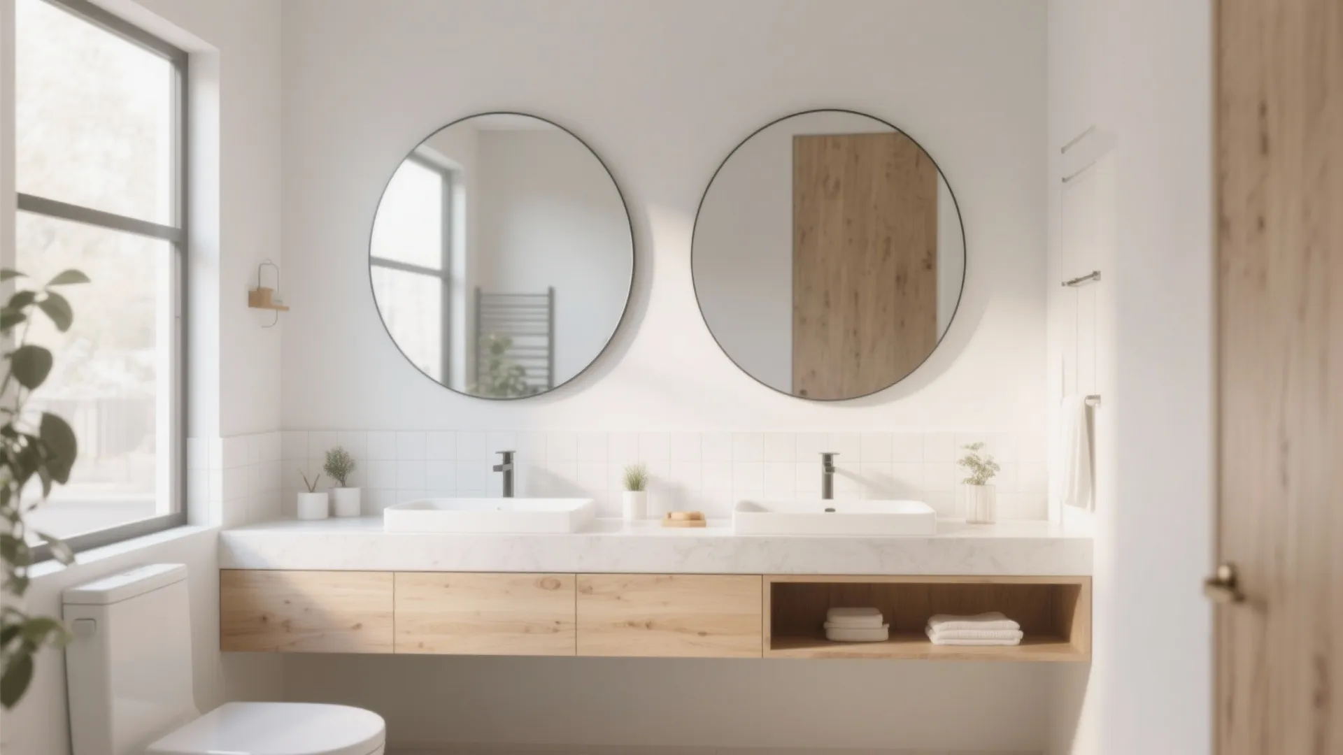 Modern bright bathroom featuring two round mirrors above a wood cabinet and white marble sink