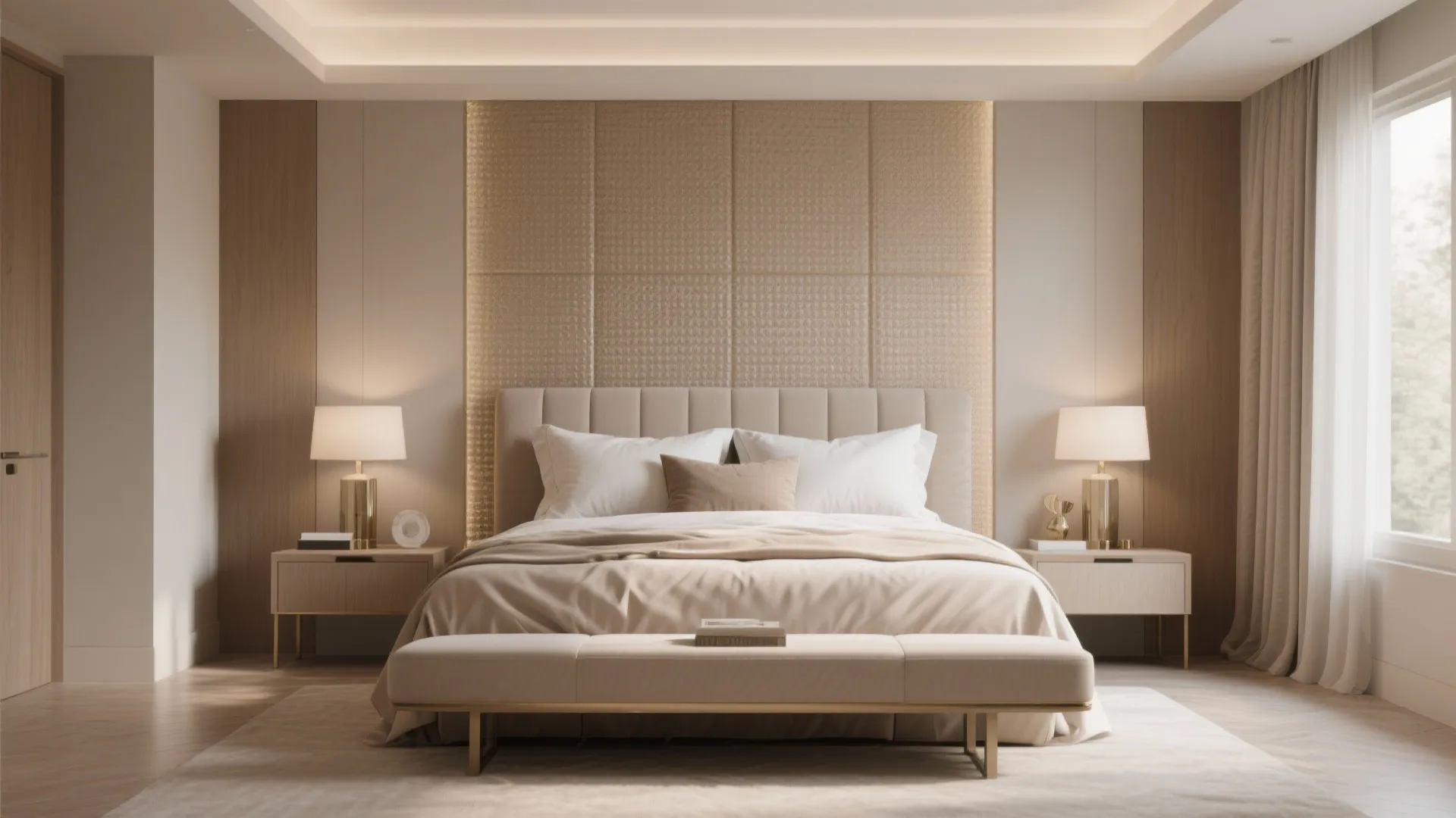 Modern bedroom with upholstered bed, textured wall panel, bedside tables, table lamps, and soft rug