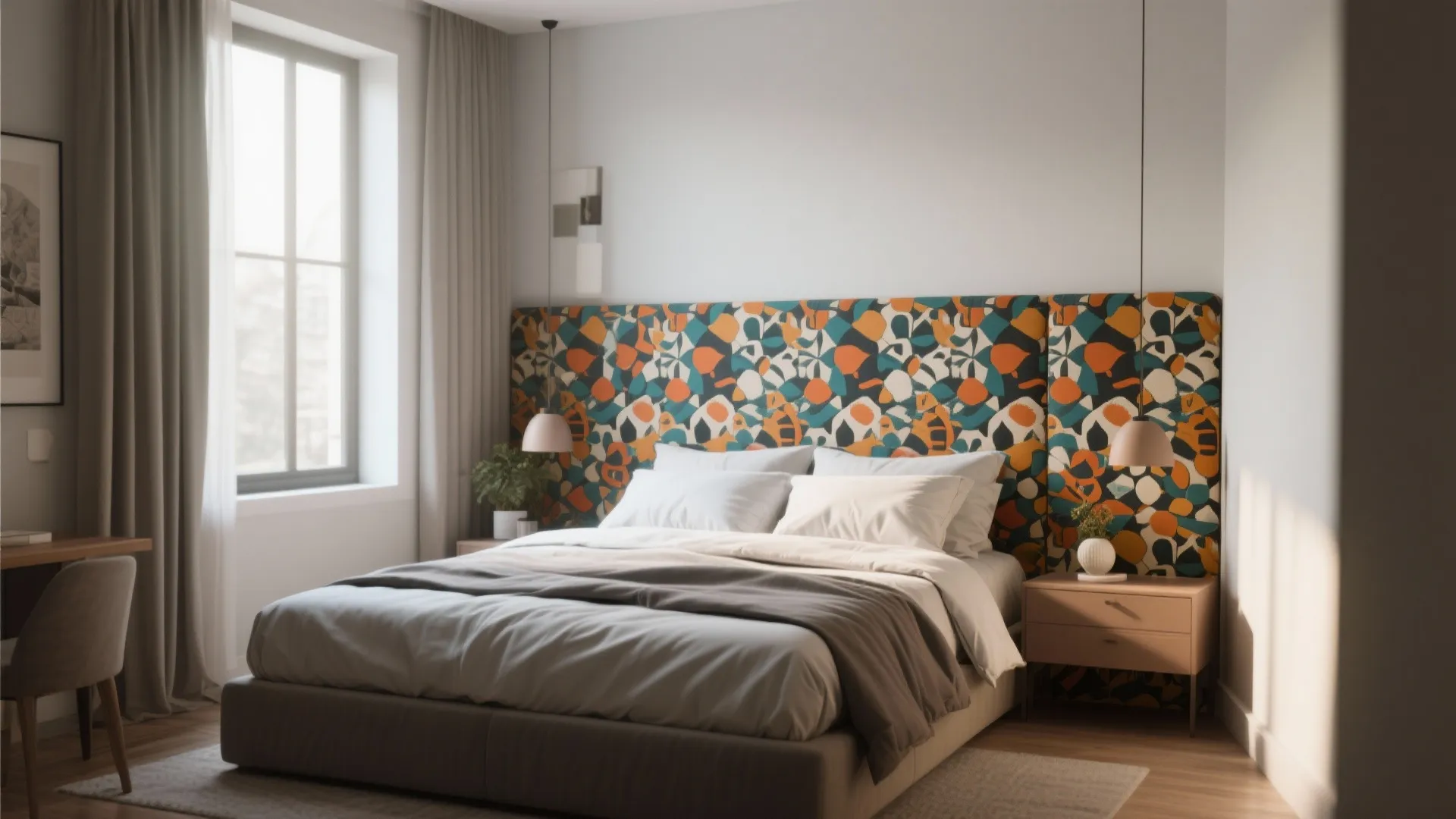 Modern bedroom with colorful patterned wall panel grey bed wooden nightstand and hanging ceiling light
