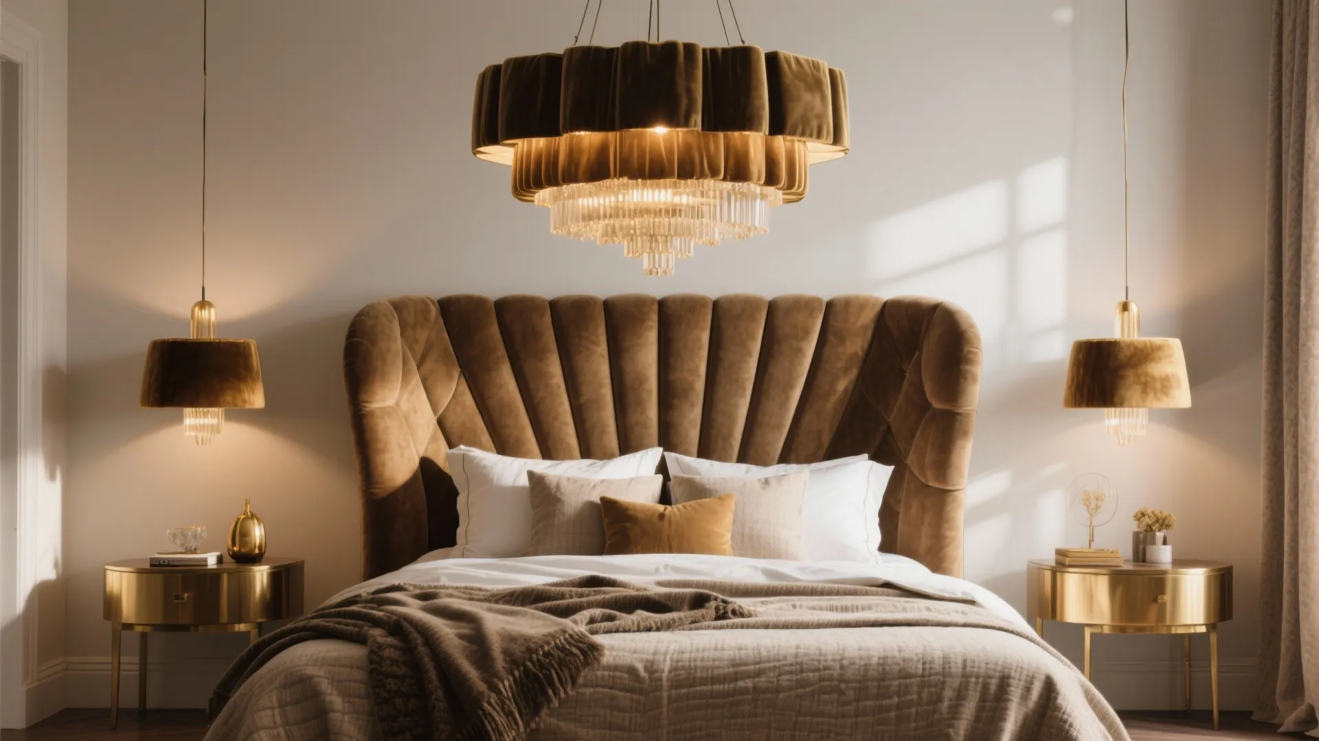 2. Embrace a Statement Bed and Scaled Lighting