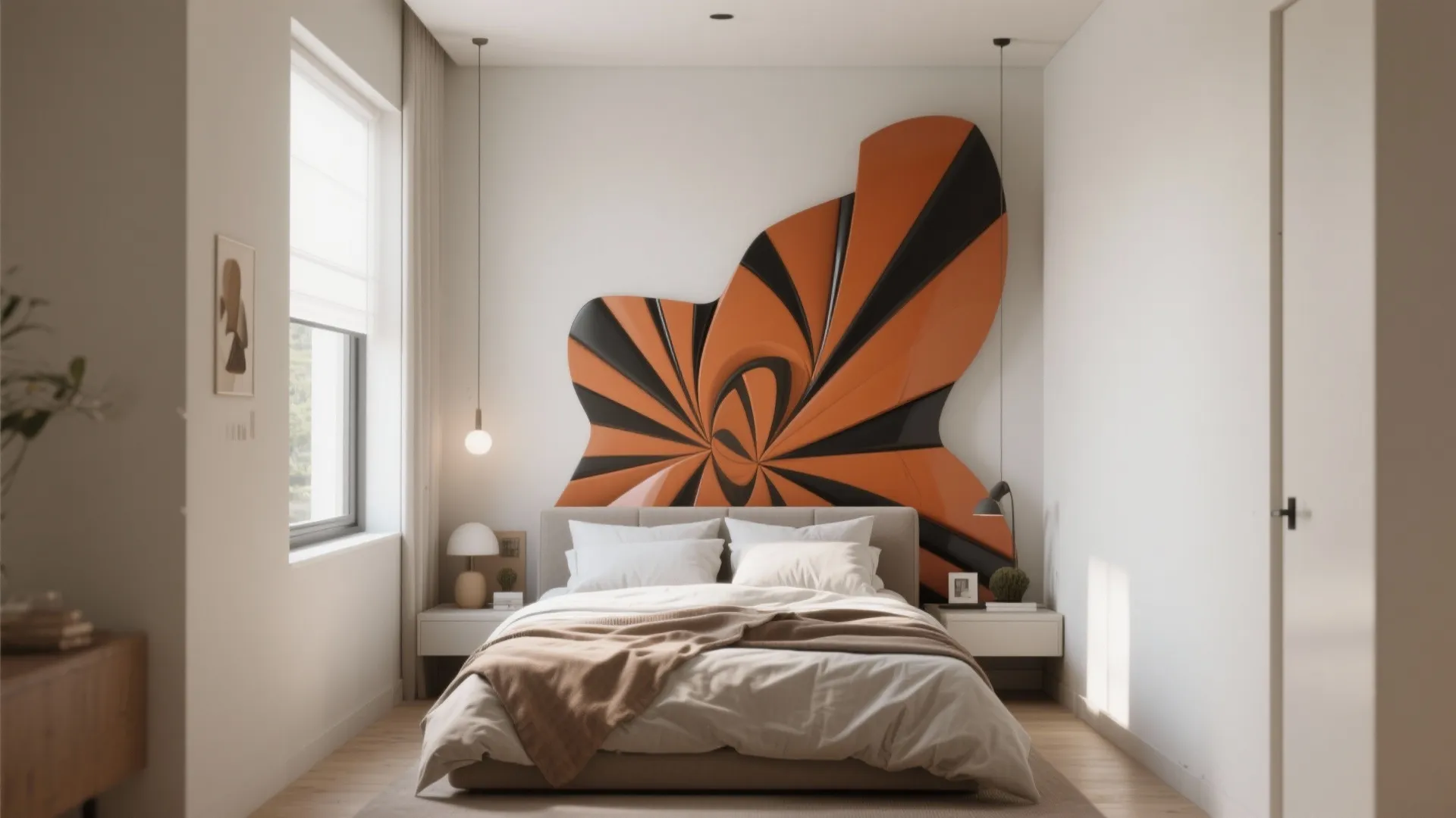 Small modern bedroom featuring a large orange and black art piece on the white back wall