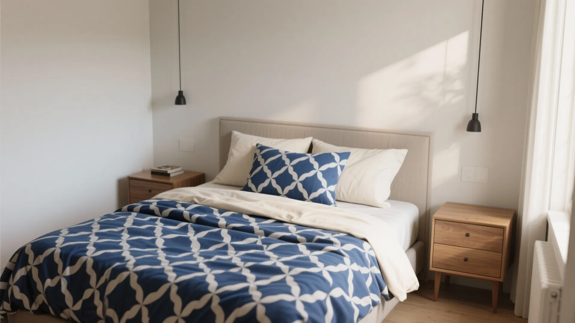 Cozy bedroom with blue patterned bedding beige headboard wooden side tables and two black lights