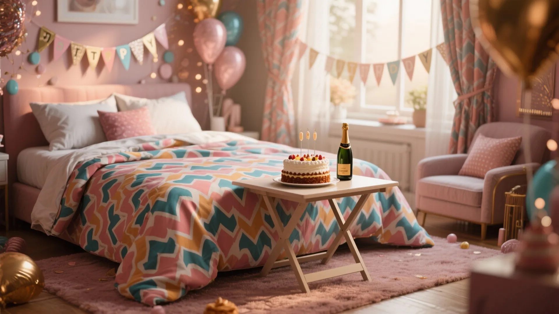 Pink bedroom featuring colorful patterned bedding and small table with birthday cake and wine bottle present