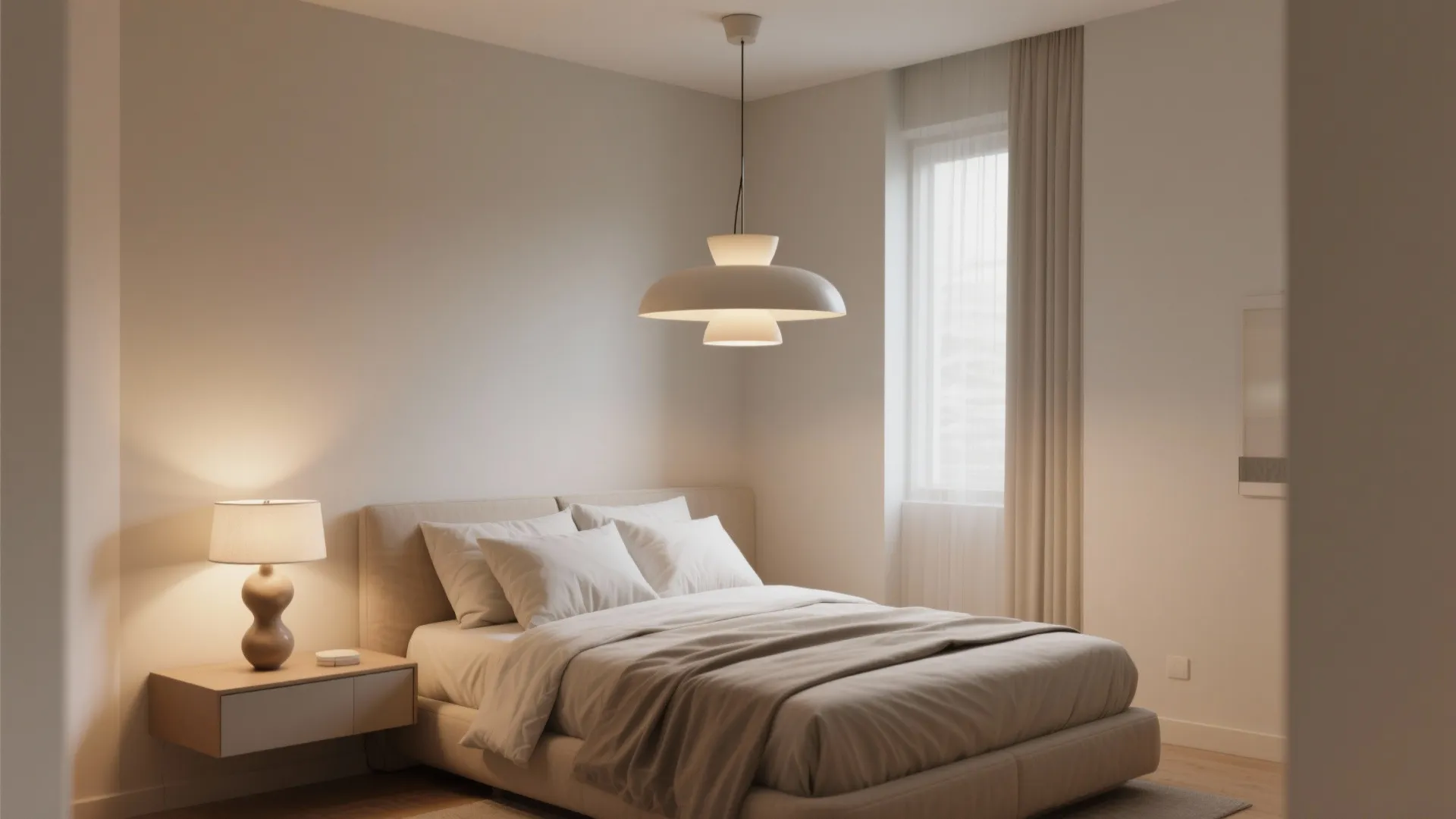 Modern bedroom featuring a large white ceiling light, wooden bedside table, and soft beige bedding