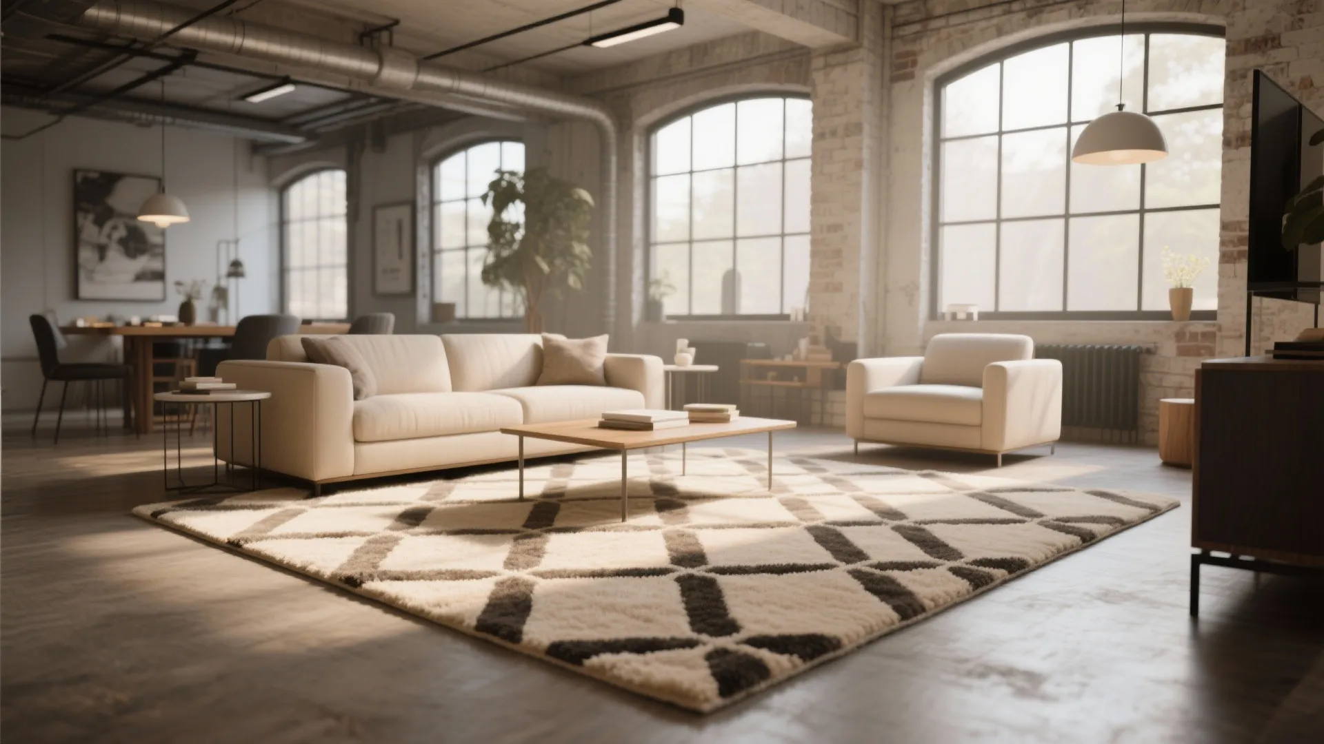 Spacious industrial living room with large windows patterned rug white sofa and natural bright light
