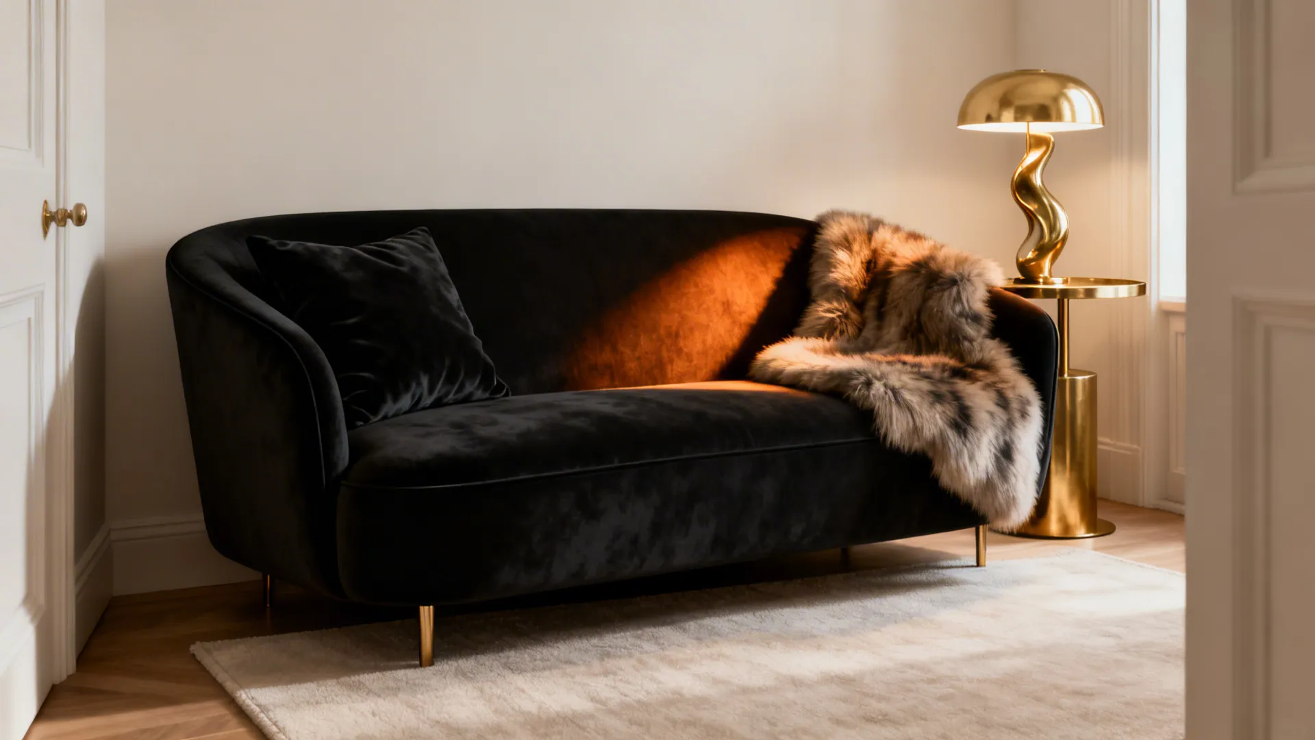 Compact living room centered on a streamlined black statement sofa with velvet cushions and a brass side table.