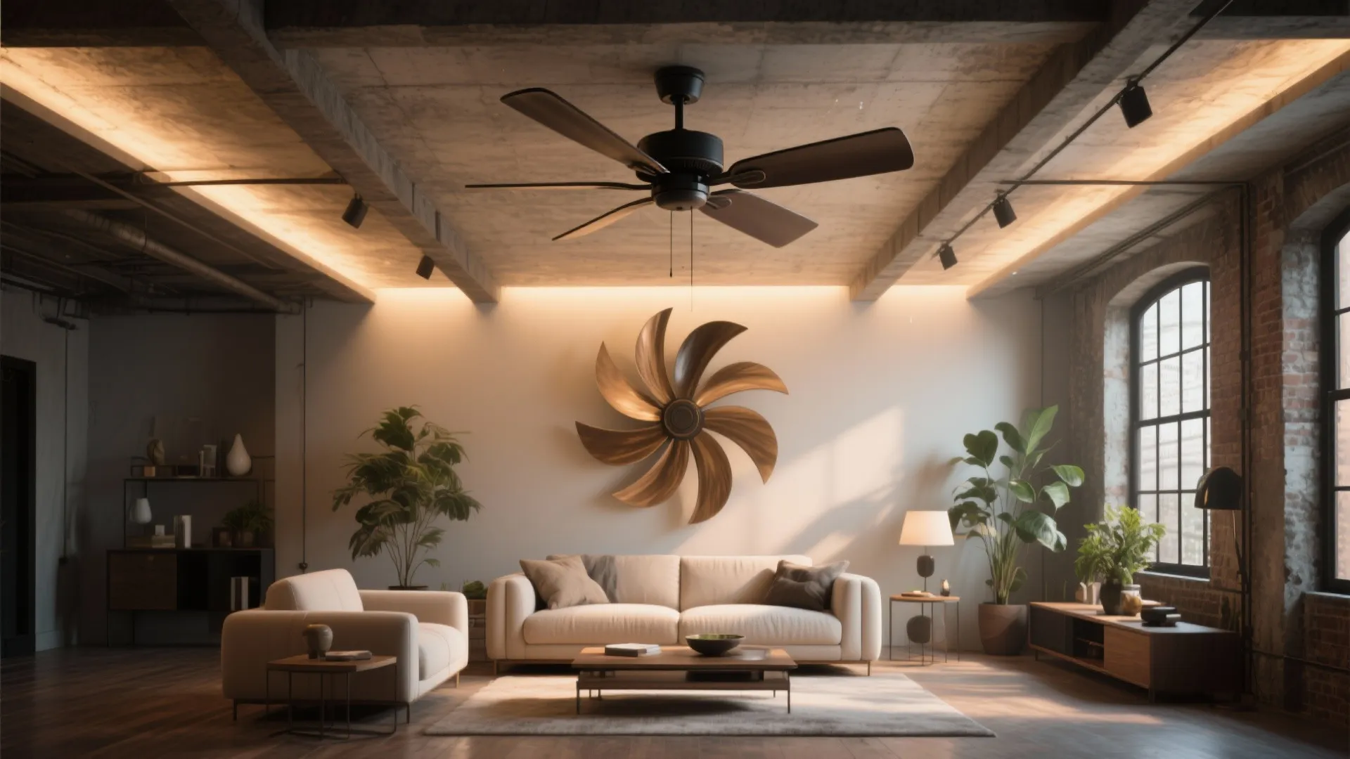 Loft seating area centered by a sculptural blade fan with uplight washing the ceiling
