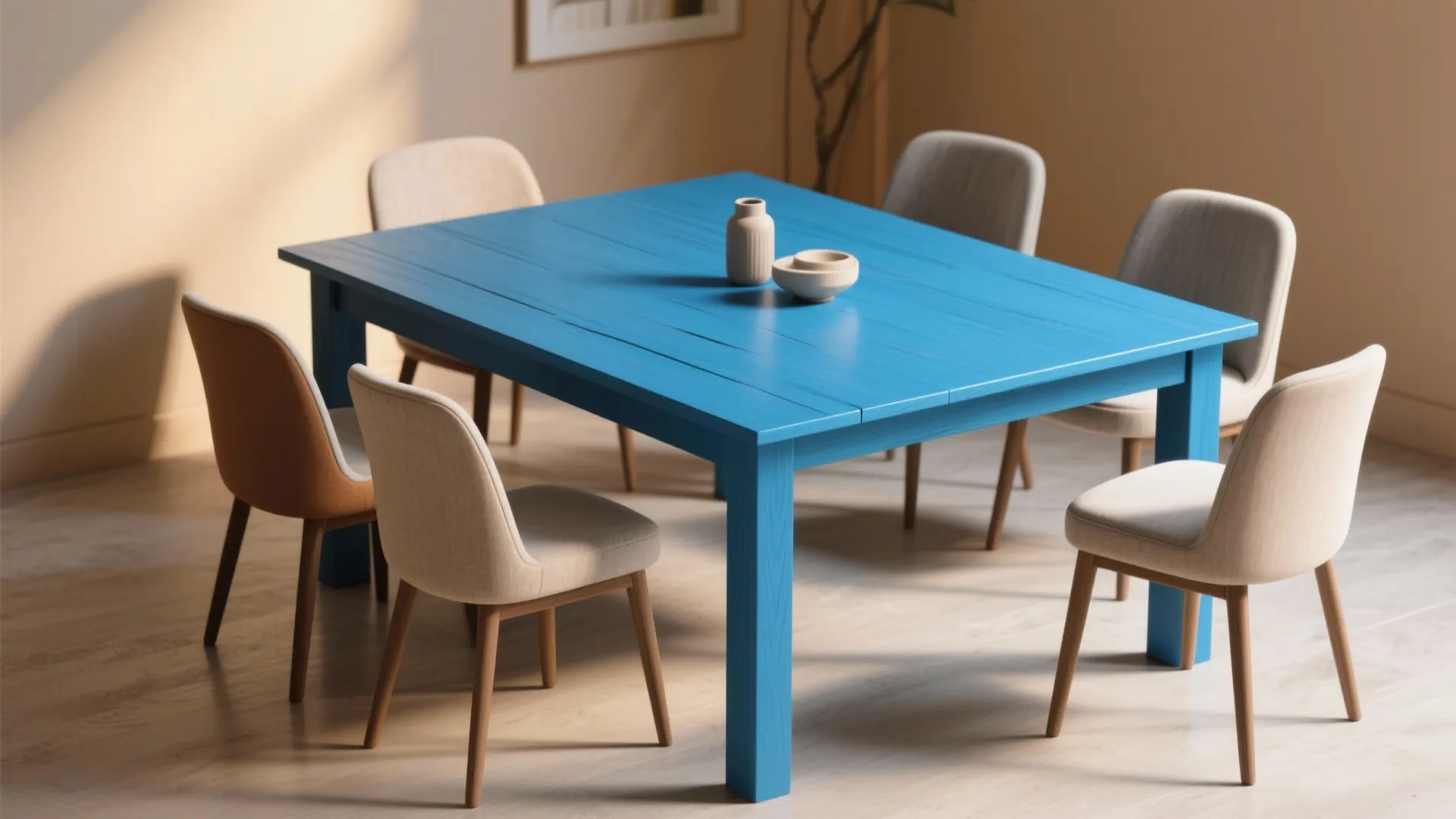 Modern bright blue wooden dining table with beige chairs in a sunlit minimalist dining room