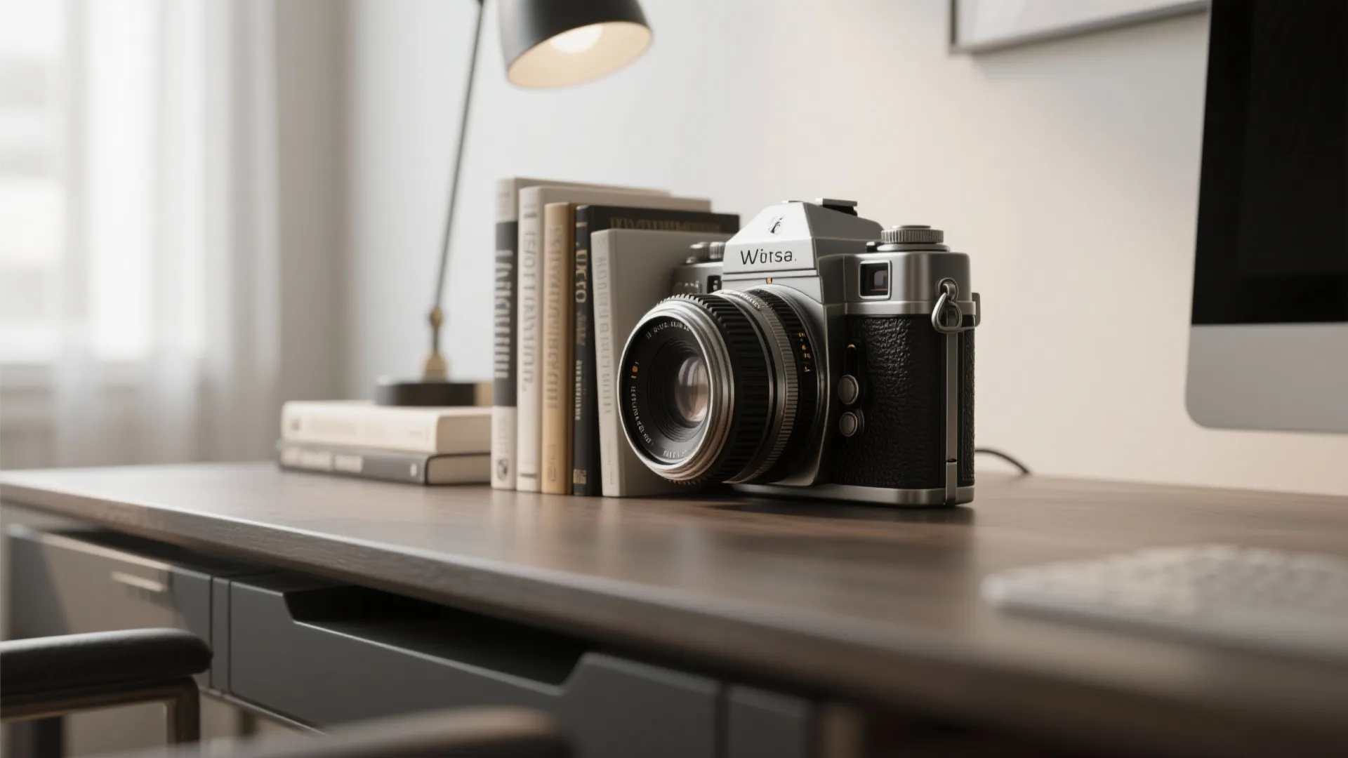 Vintage camera and a row of books on a dark wood desk with desk lamp