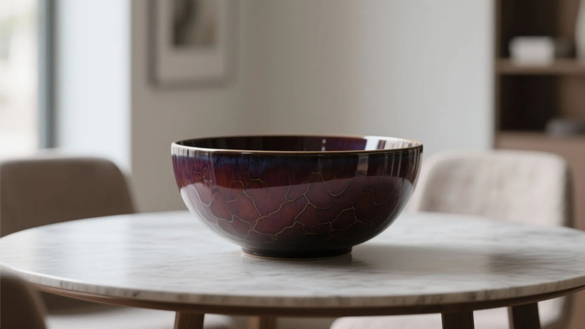 Bold ceramic bowl as centerpiece on dining table
