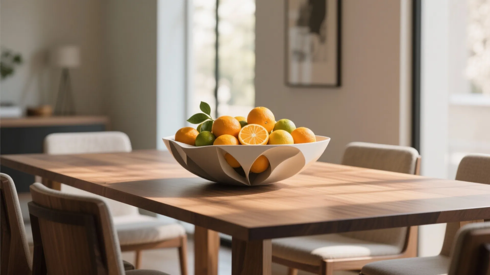 Sculptural bowl centerpiece filled with citrus fruits
