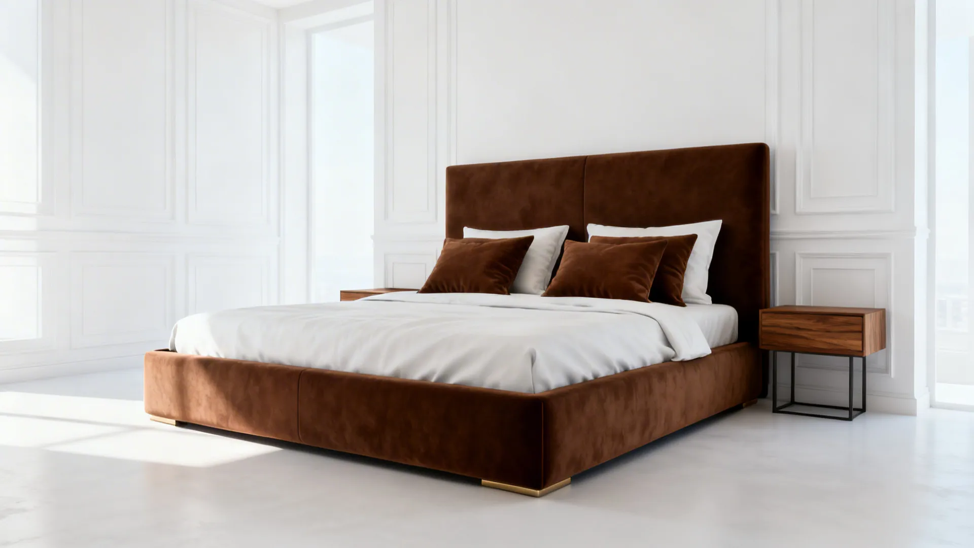 Bright bedroom with white walls and a dramatic brown upholstered bed as the focal point.