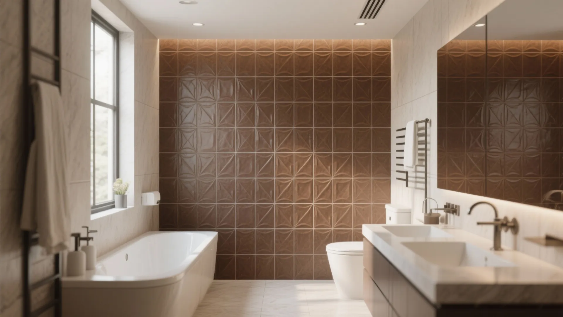 Bathroom feature wall with mocha brown patterned tiles