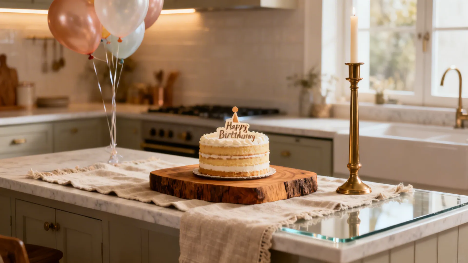 Layered cake on a wood board over a linen runner with a tall brass accent and clear counter space beside it.
