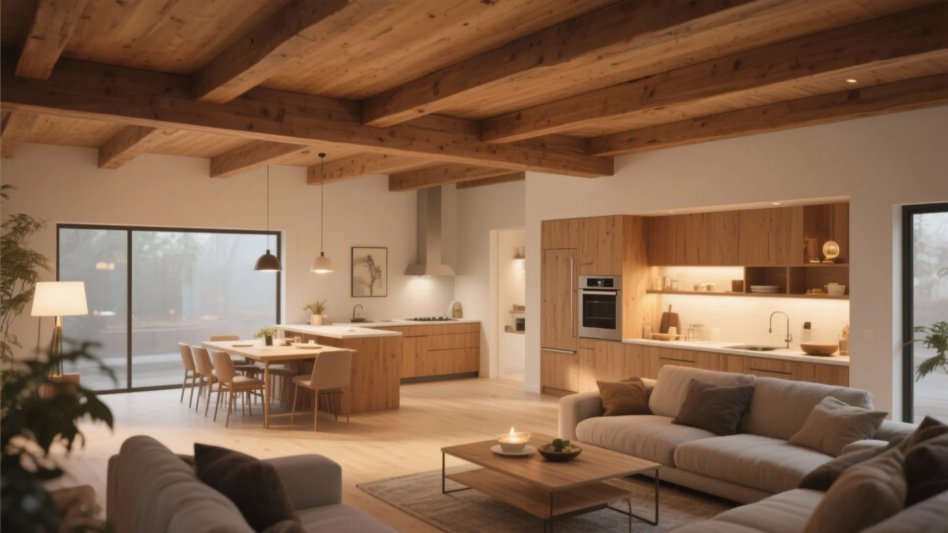 Wooden beams over living area contrasting plain kitchen ceiling