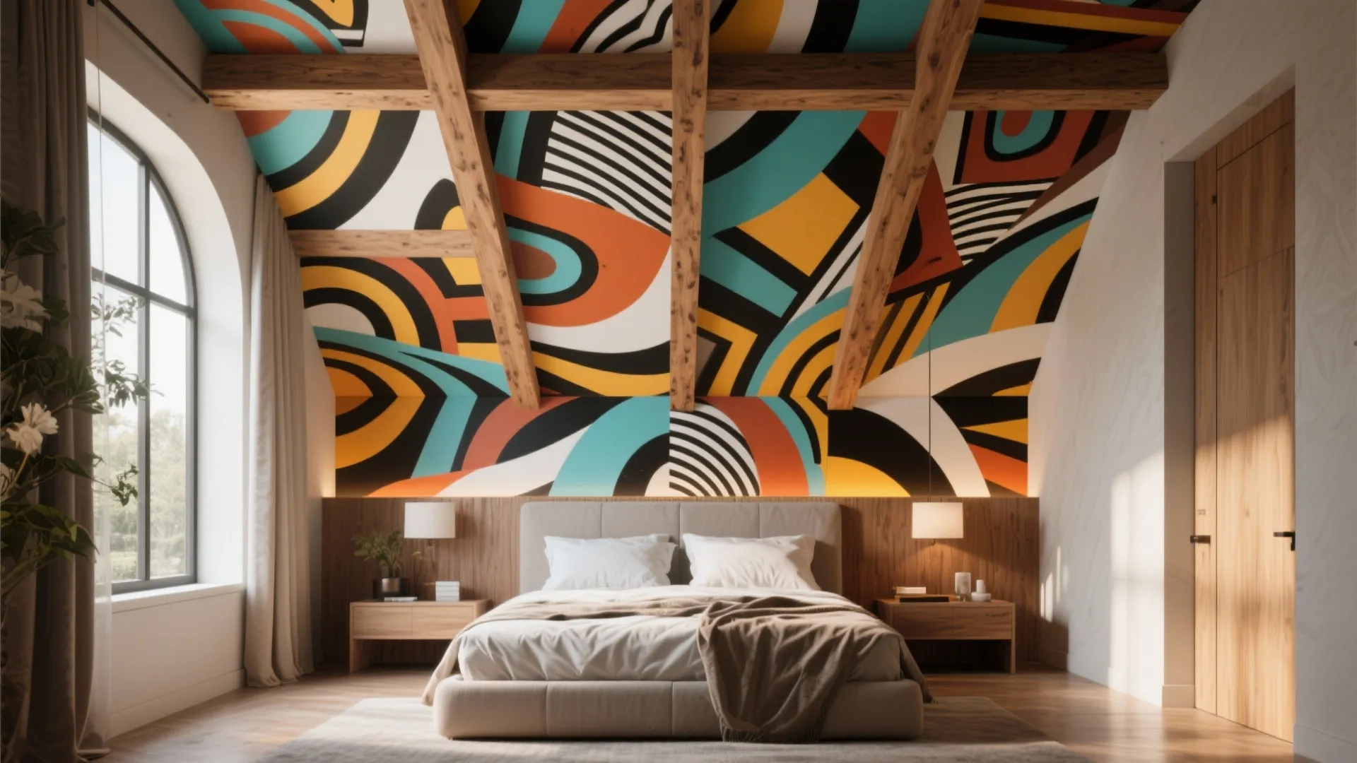 Modern bedroom featuring a colorful patterned ceiling with wooden beams plus a large arched window