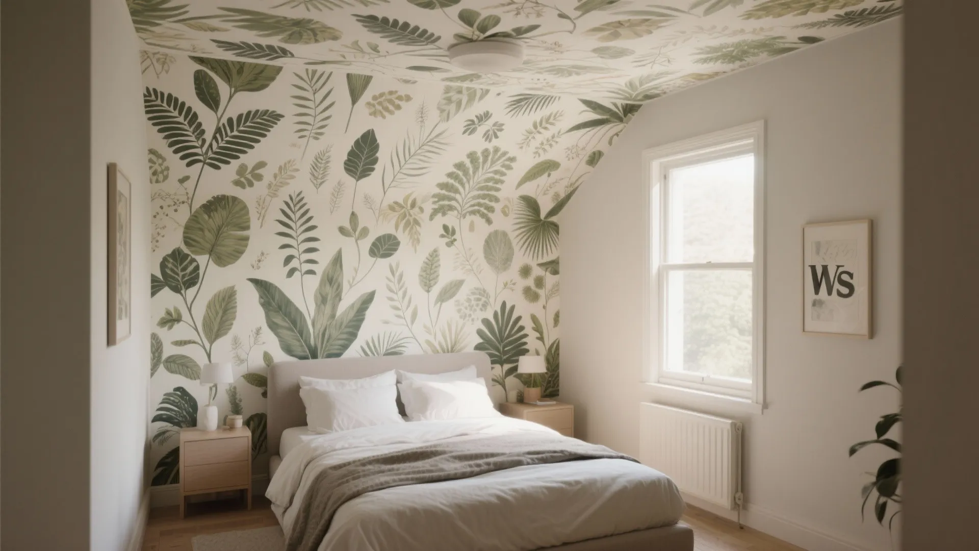 Modern bedroom with green leaf pattern wallpaper on wall and ceiling plus white bed sheets
