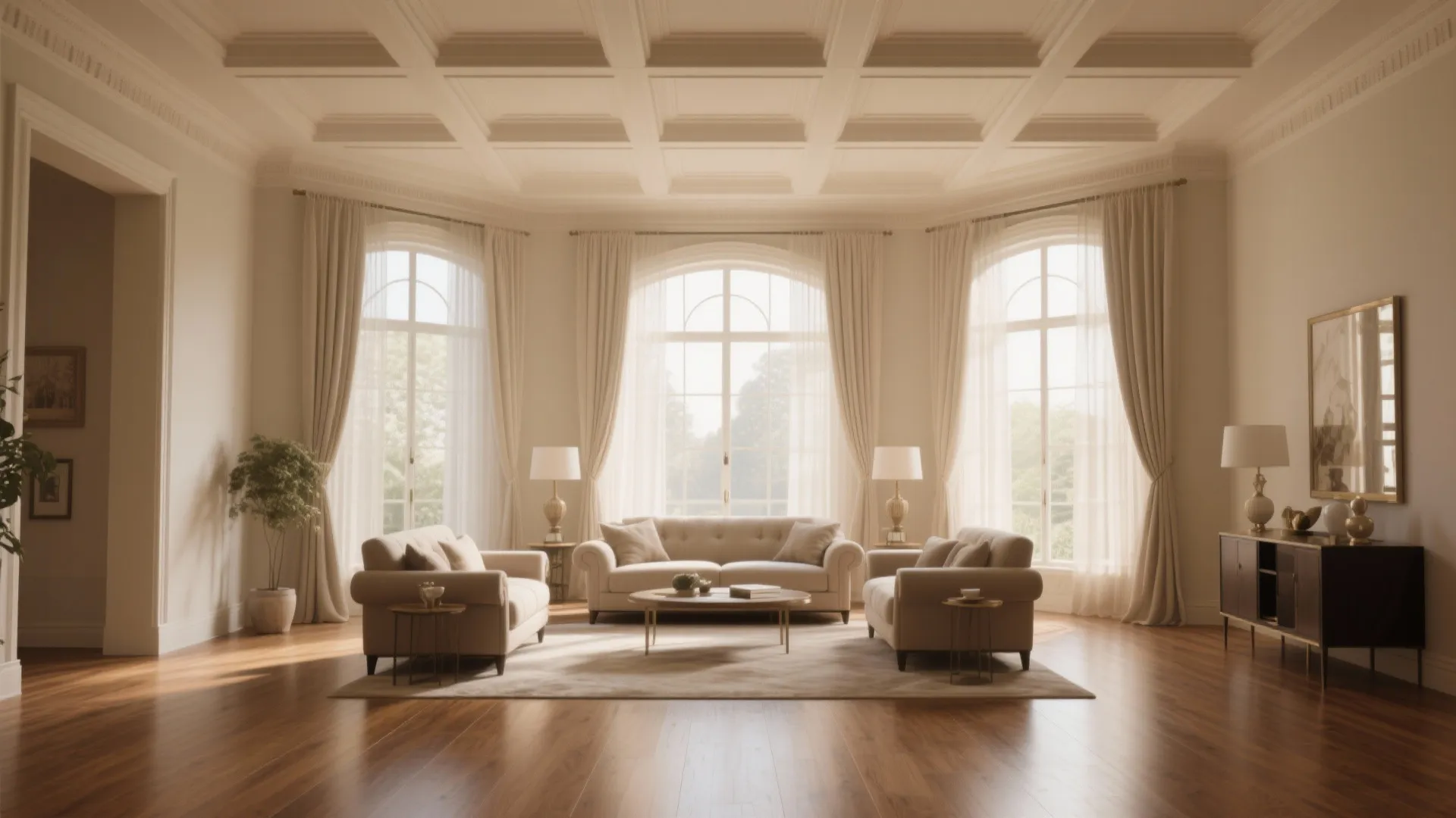 Classic living room featuring coffered ceiling beige sofas large windows with curtains and wooden flooring