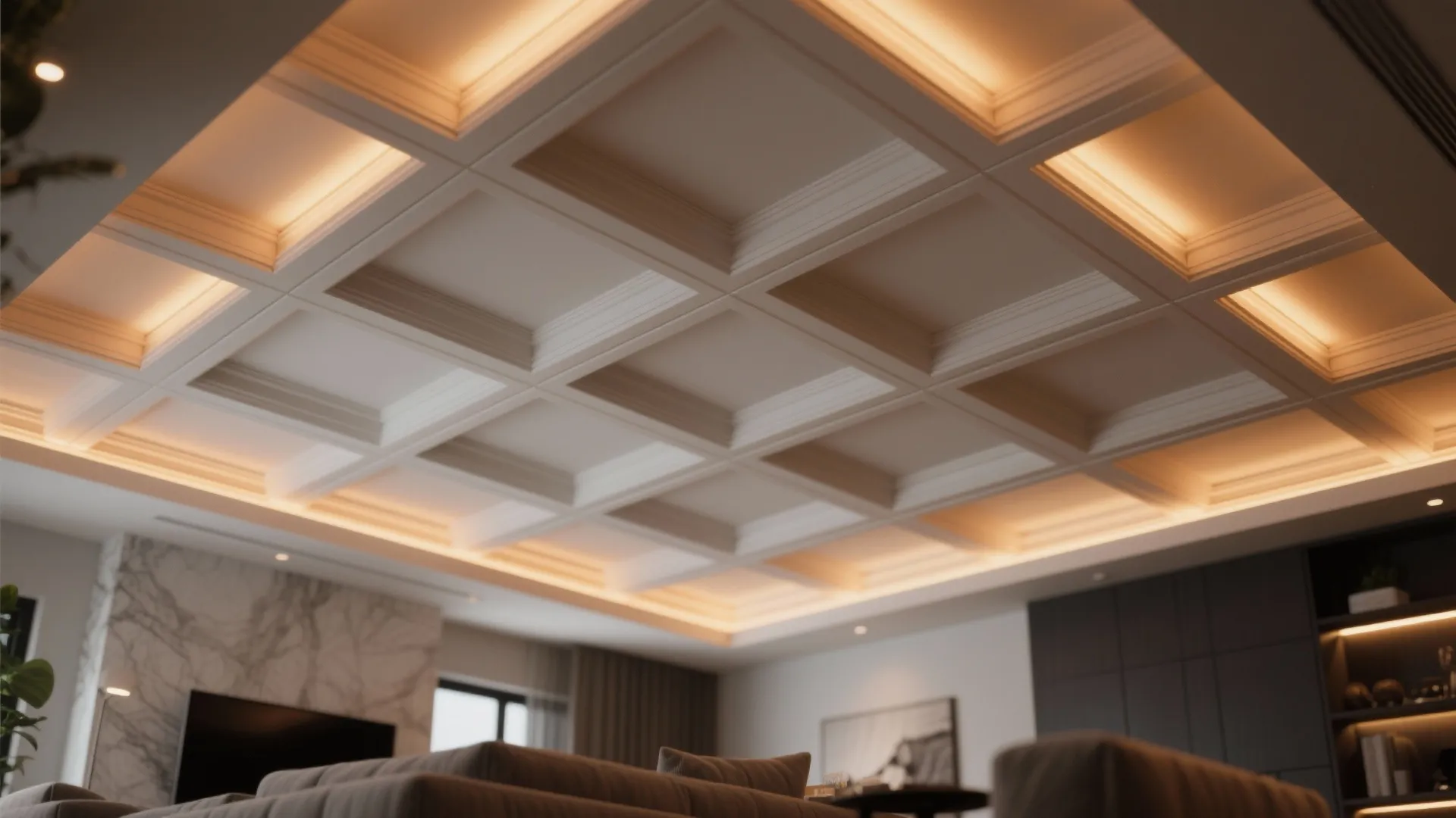 Modern white coffered ceiling design with hidden warm light in a luxury living room interior
