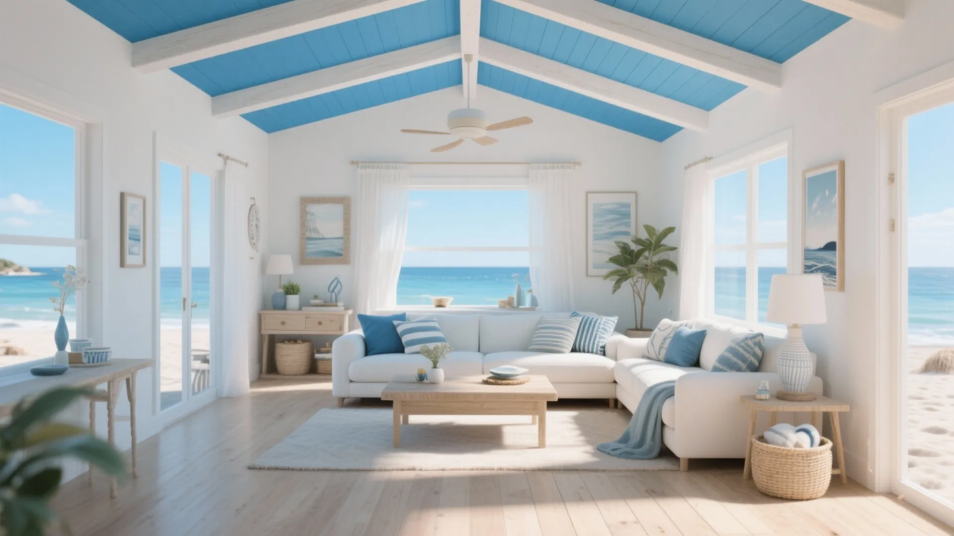 Coastal living room with blue ceiling beams white sofa and large windows overlooking the ocean