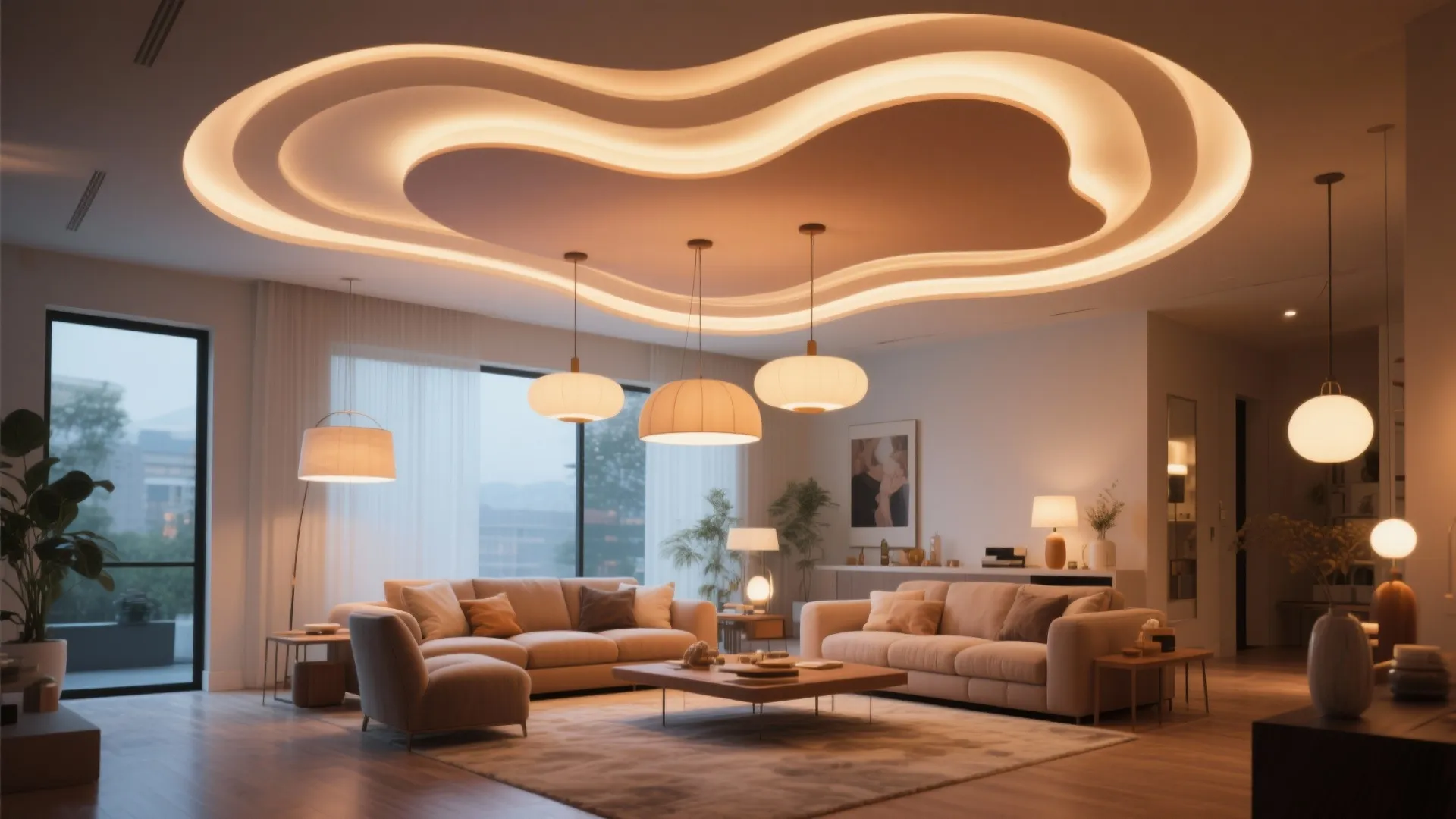 Modern living room featuring unique wave shaped recessed ceiling light with multiple hanging light fixtures over