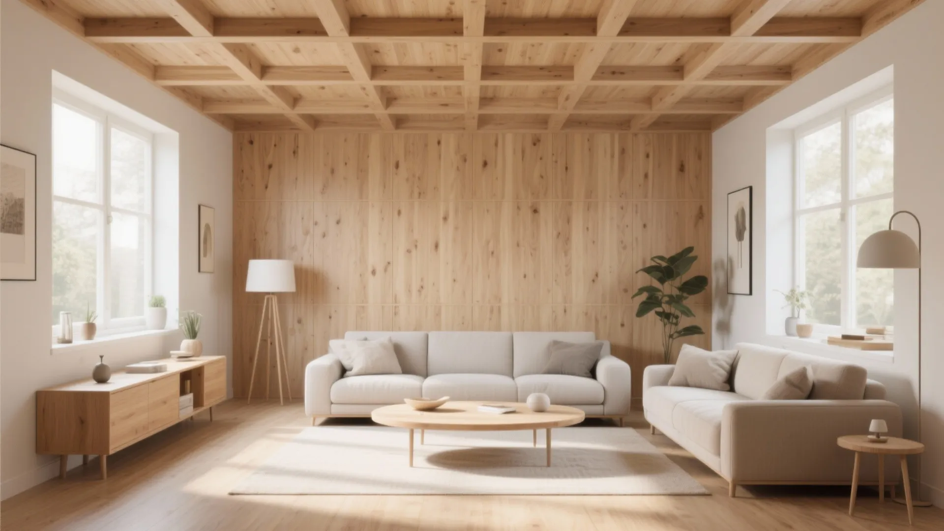 Living room with wooden wall panel and grid wood ceiling design featuring white sofas and rug
