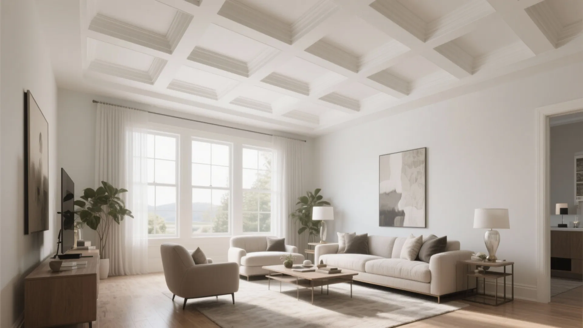 Elegant white living room with decorative grid ceiling design large windows beige sofa and wooden floor
