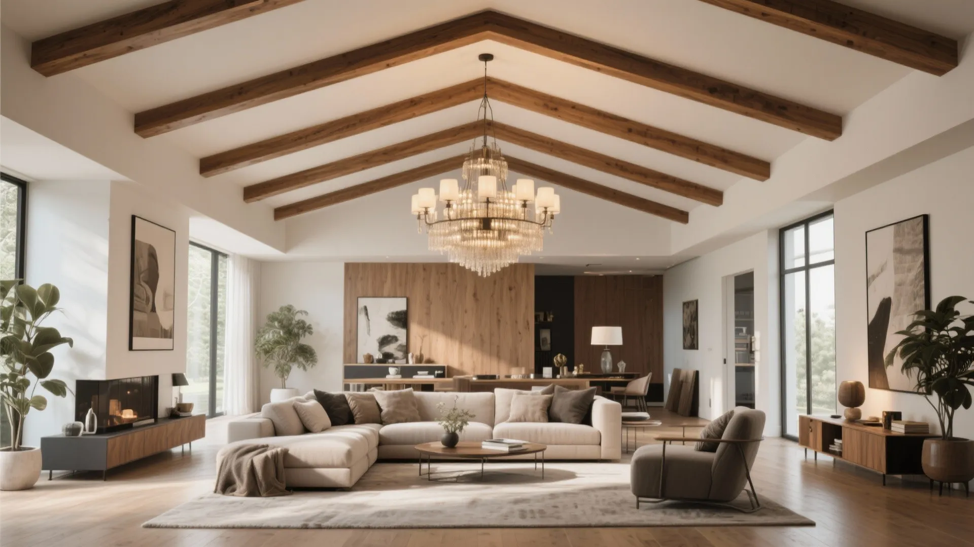 Spacious living room featuring wooden ceiling beams large ceiling light sofa and natural wood flooring