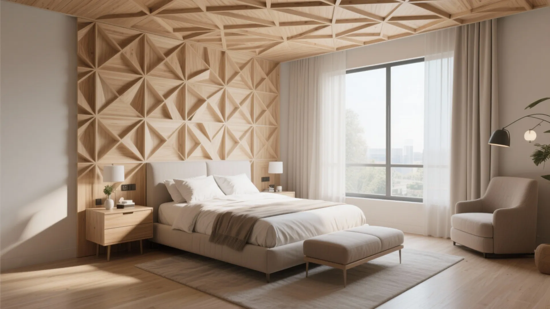 Modern bedroom featuring geometric wood wall panel and ceiling with large window and soft natural light