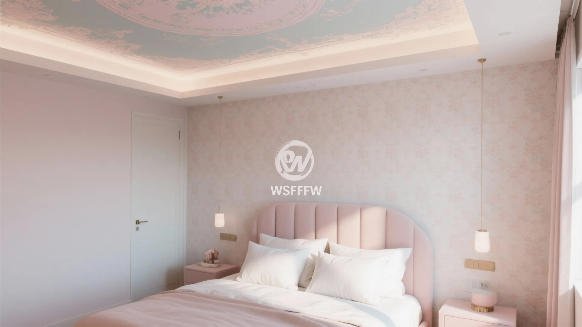 Pink bedroom with floral wallpaper, patterned ceiling, soft bed, white pillows, and hanging light fixtures