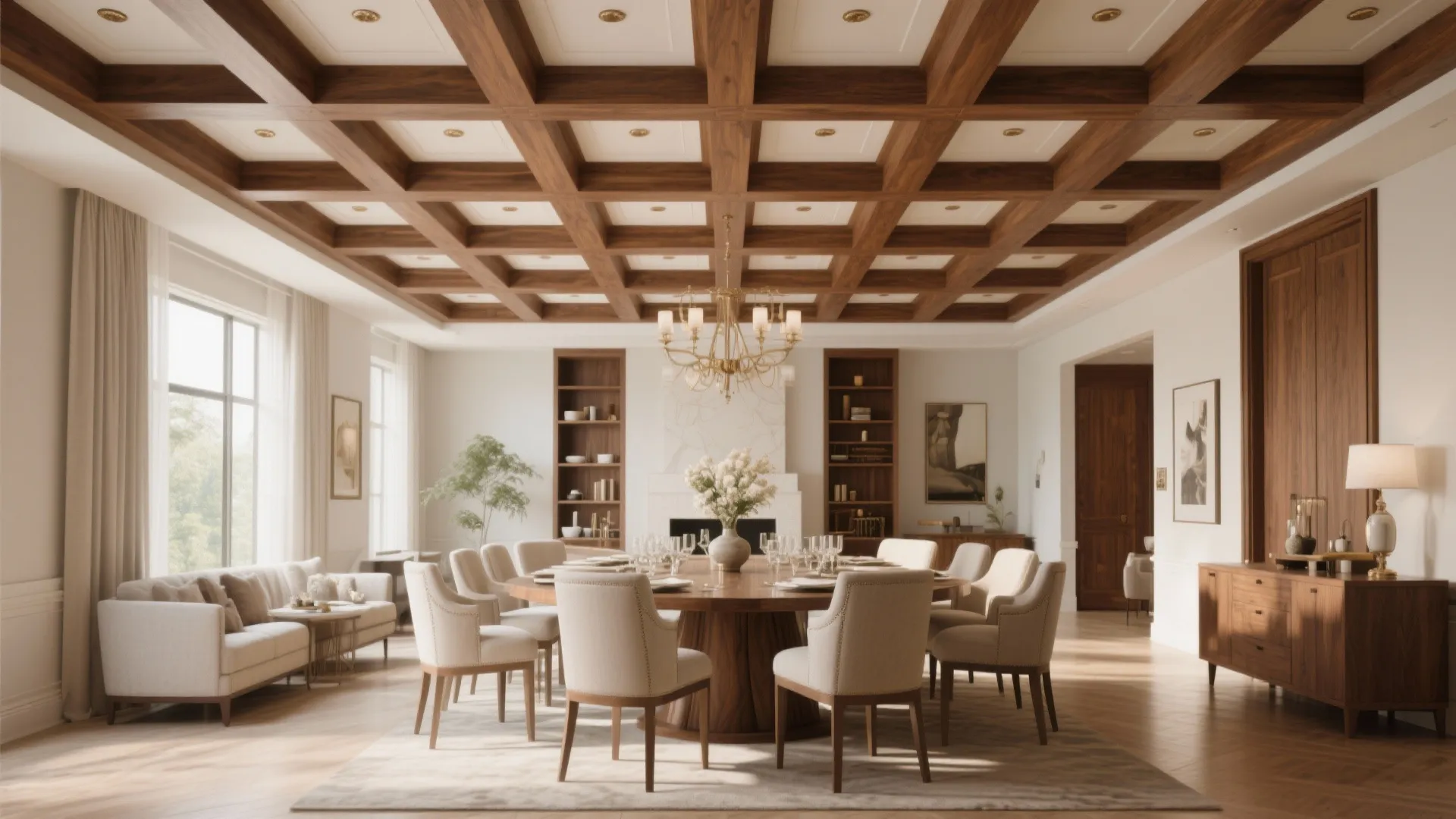 Luxury dining room with round wooden table cream chairs and a decorative grid wood ceiling