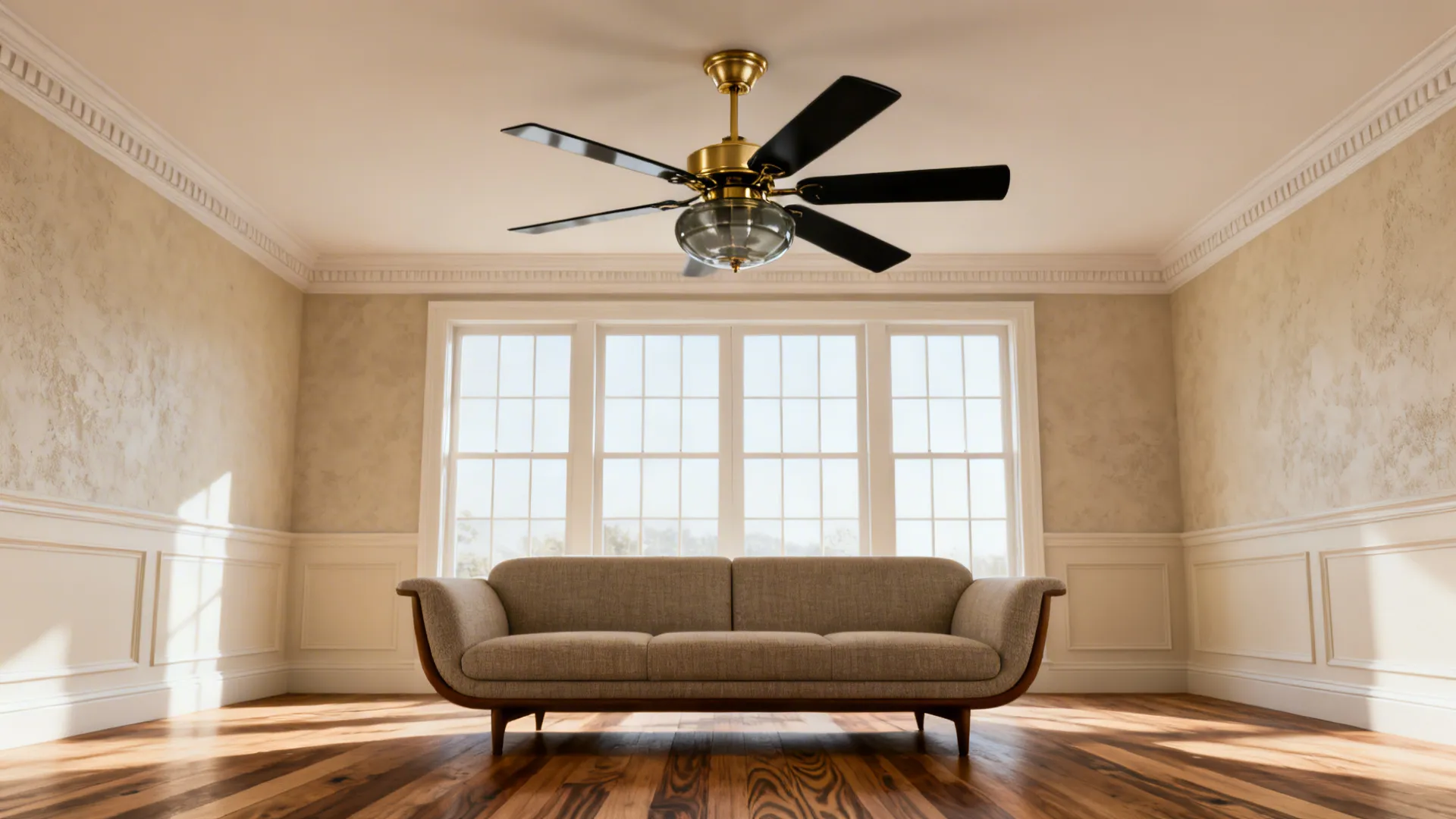 Gold ceiling fan with black blades and light fixture above beige sofa in empty room