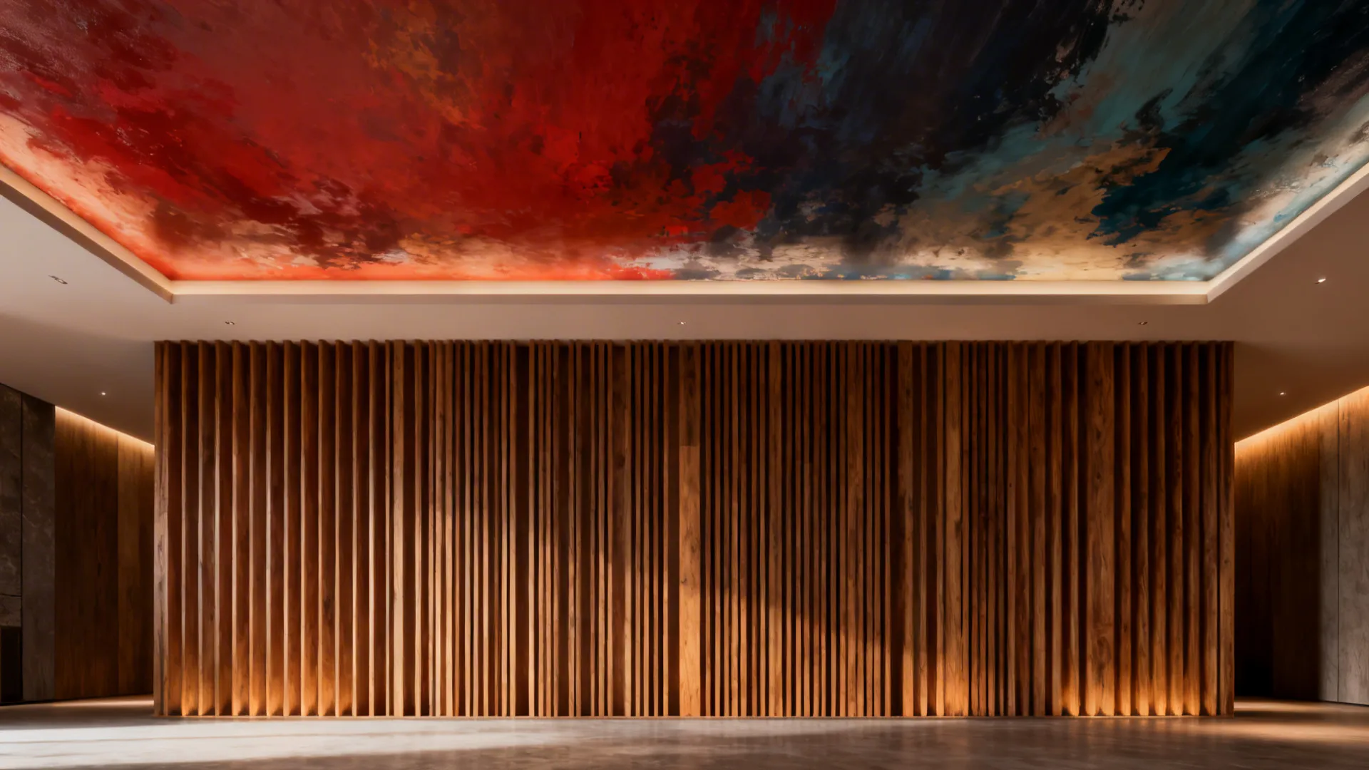 Low-angle view of a painted ceiling and vertical wood slat accent wall anchoring a large room.