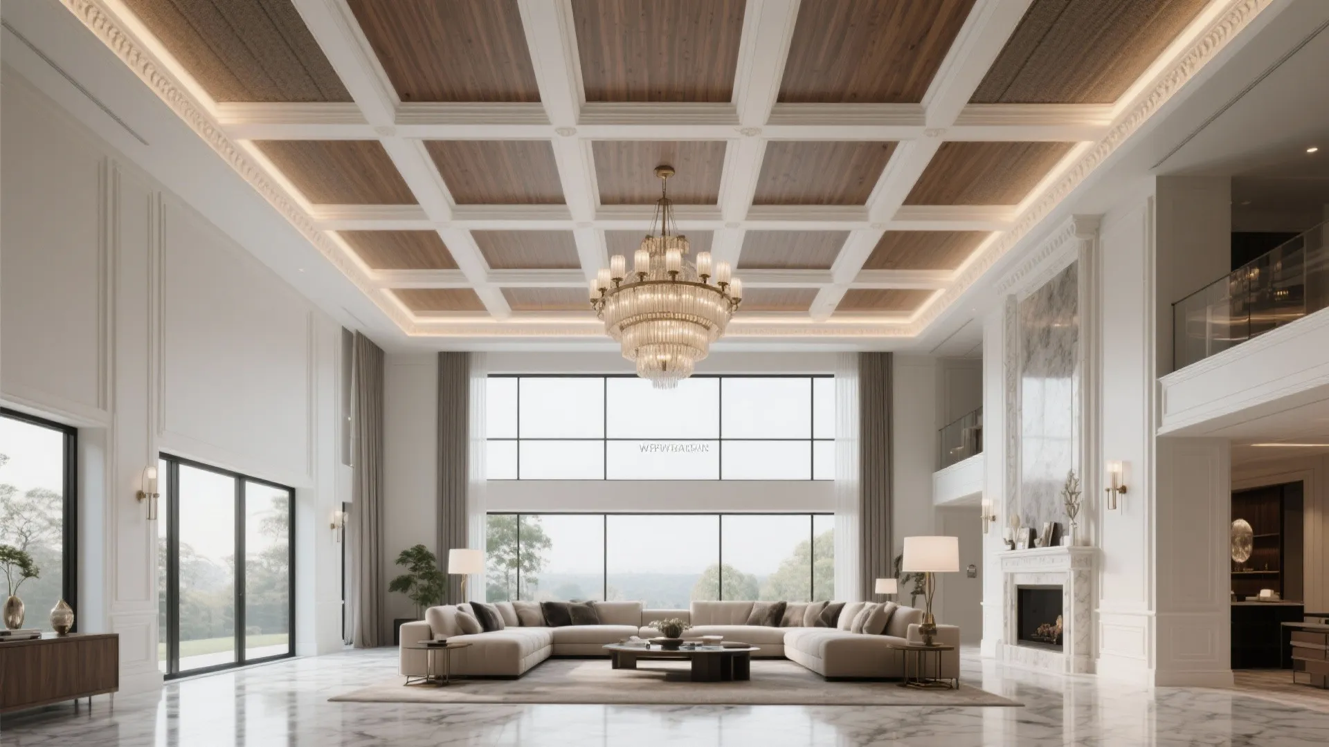 Large luxury living room with wood grid ceiling light fixture sofa fireplace and large glass windows