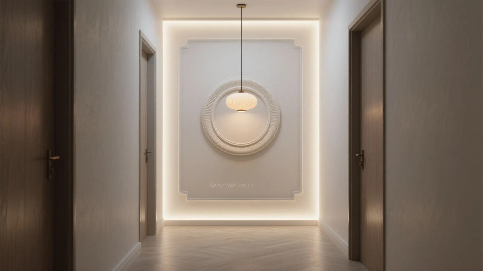 Minimalist hallway with white wall panel round decoration ceiling light and warm hidden strip lighting
