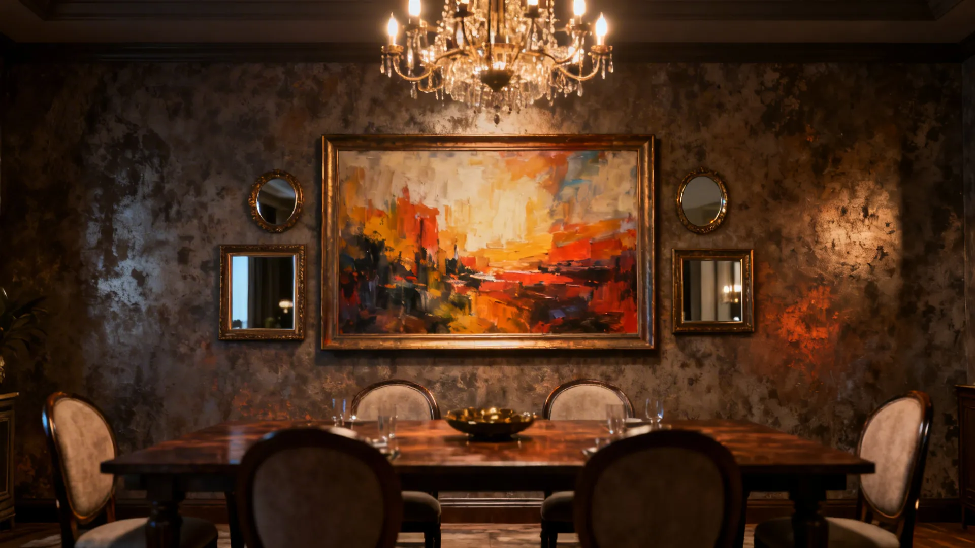 Dining room with a large statement painting flanked by smaller supporting pieces.