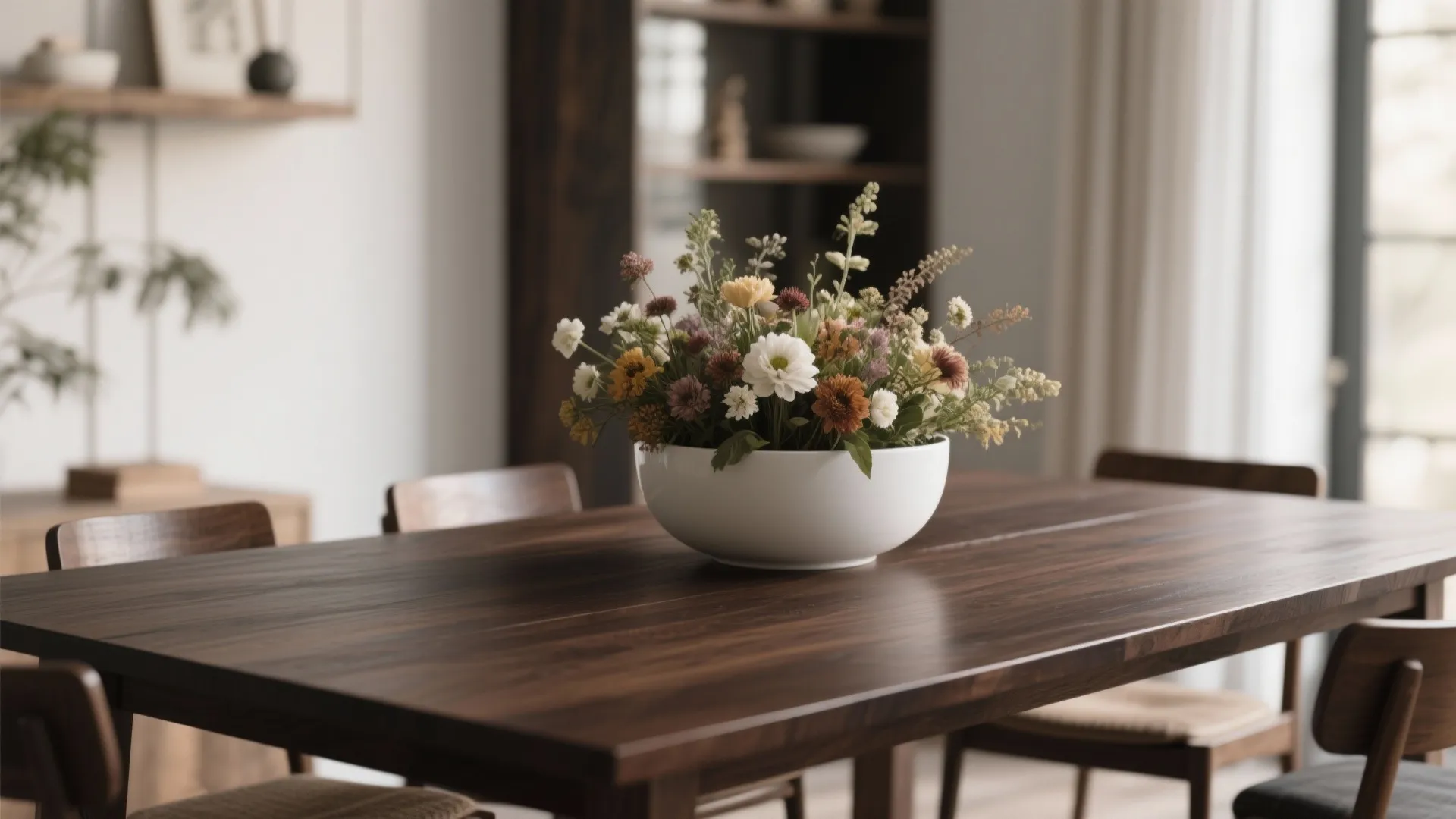 Large white bowl filled with colorful flowers as a centerpiece on a dark wood table
