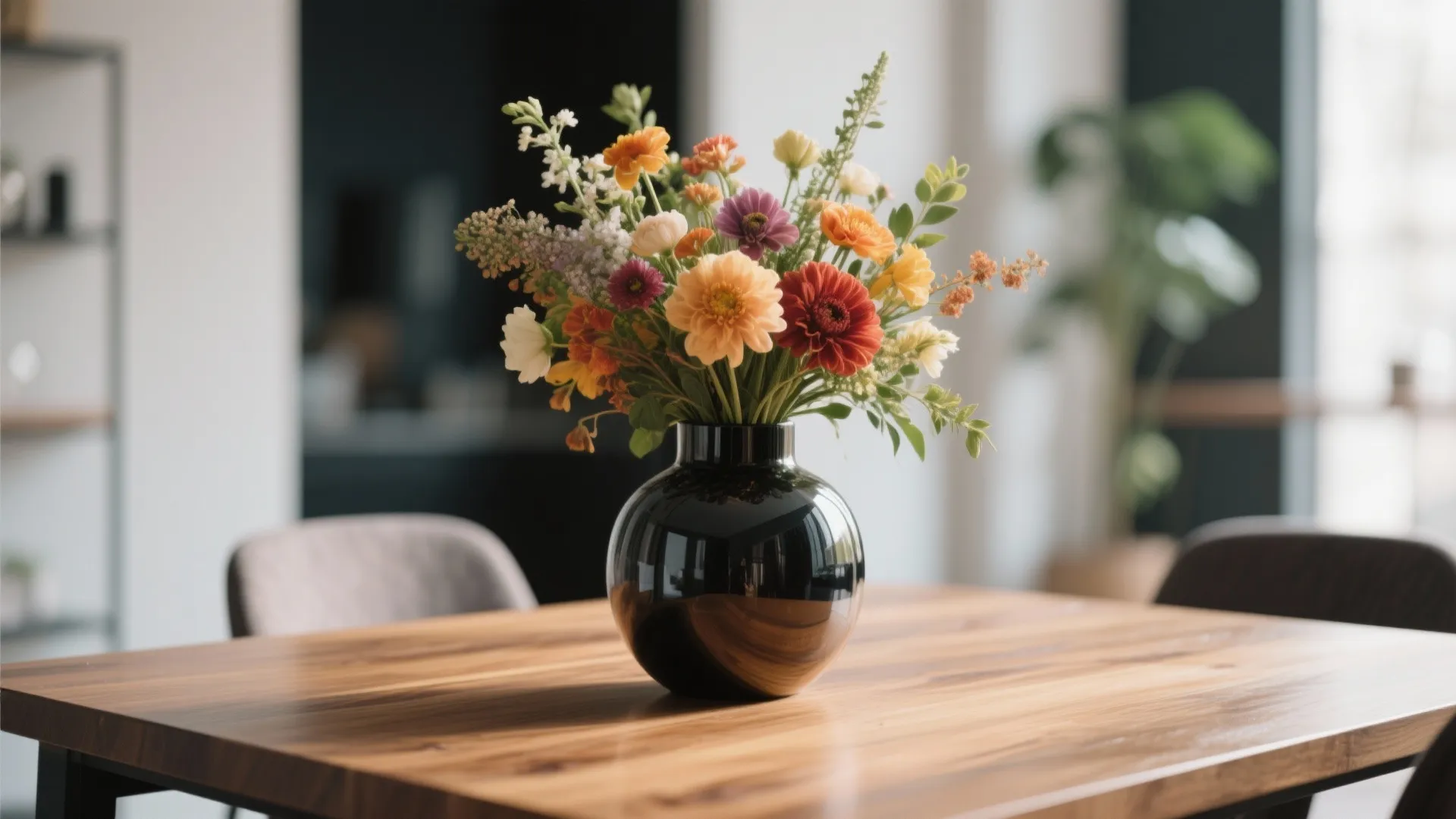 Vase with fresh seasonal flowers as dining table centerpiece