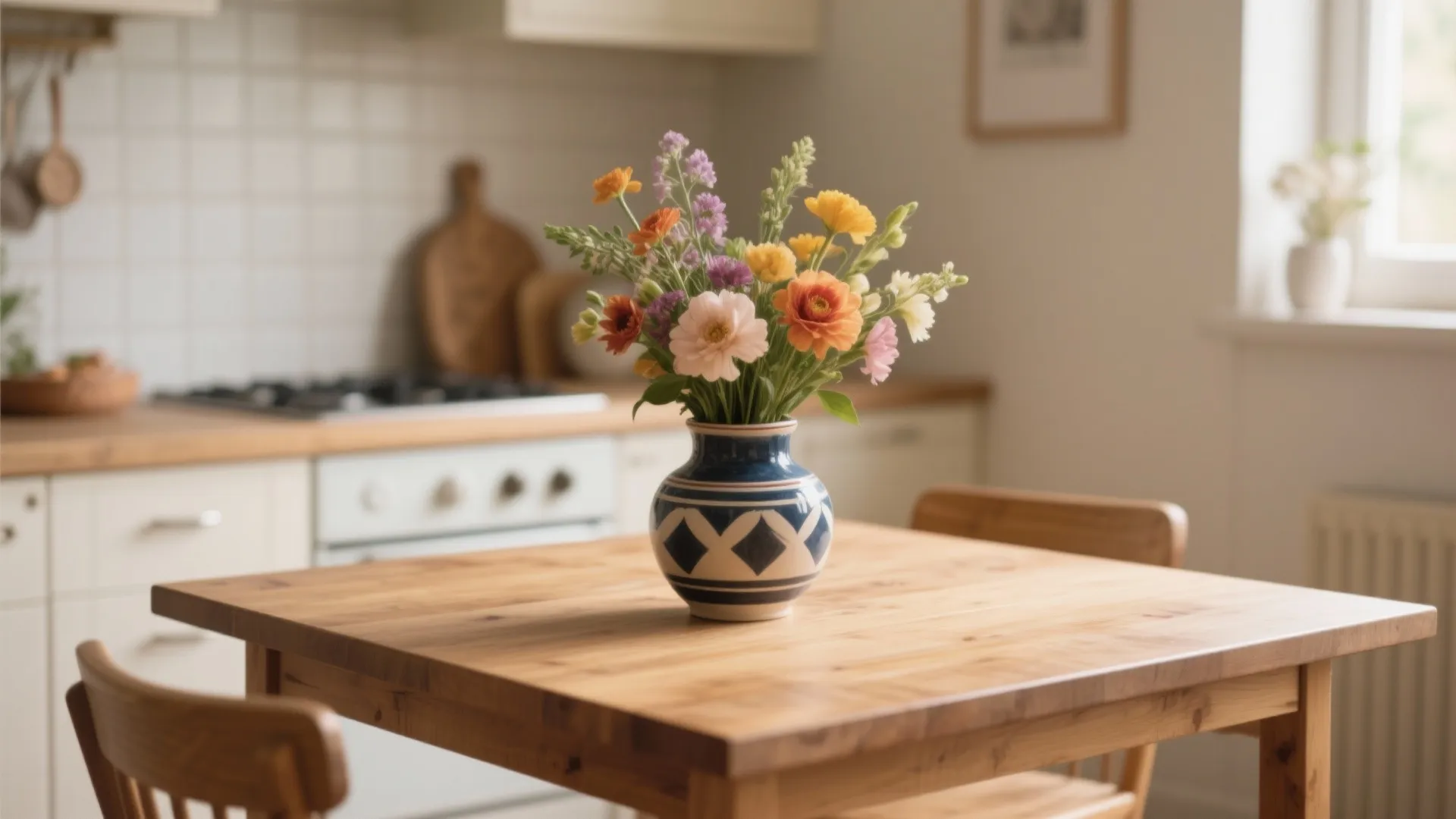 Colorful flowers in a blue patterned vase sitting on a wooden kitchen table with white cabinets