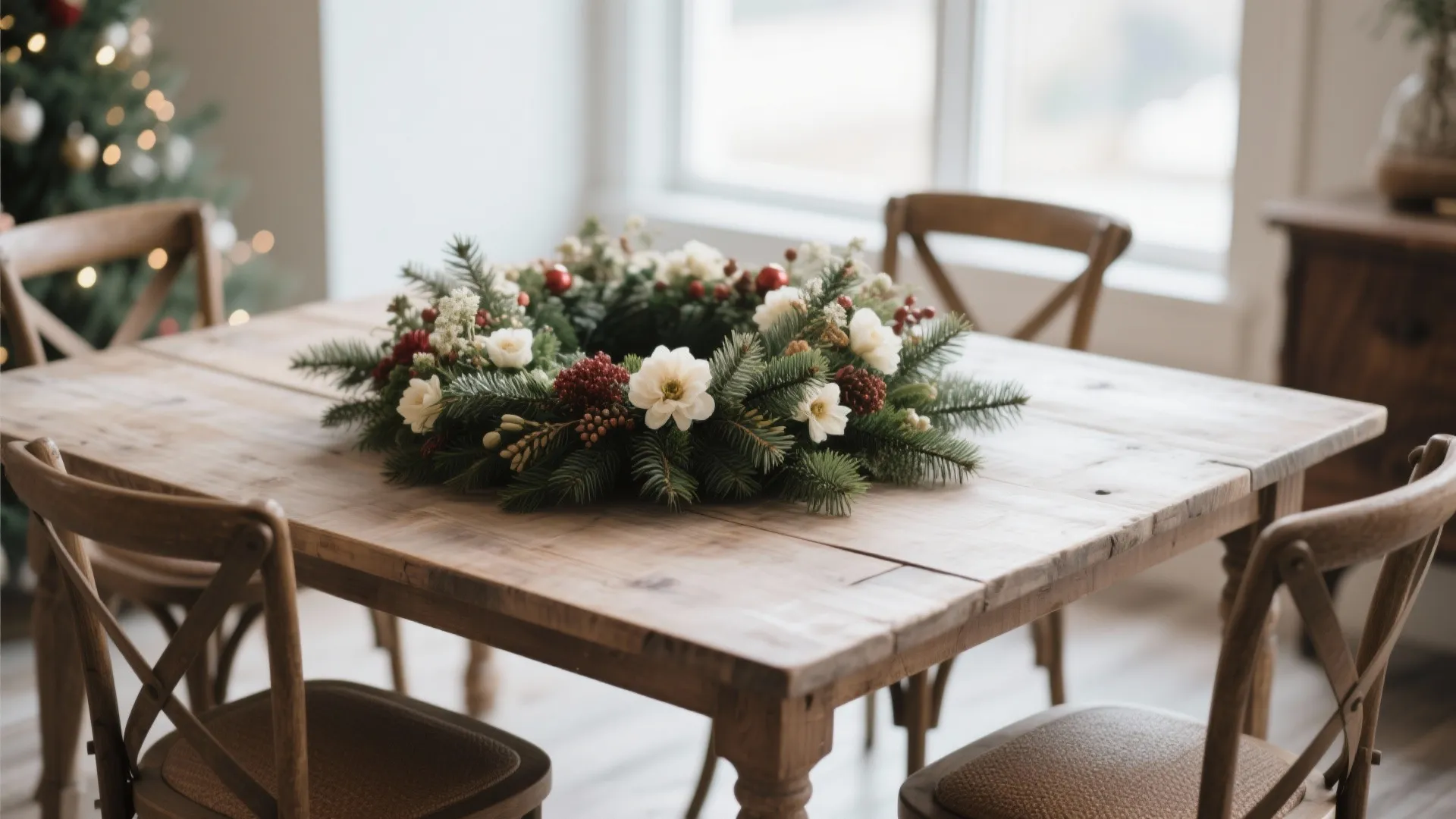 Green holiday wreath with white flowers and red berries on a rustic wooden dining room table