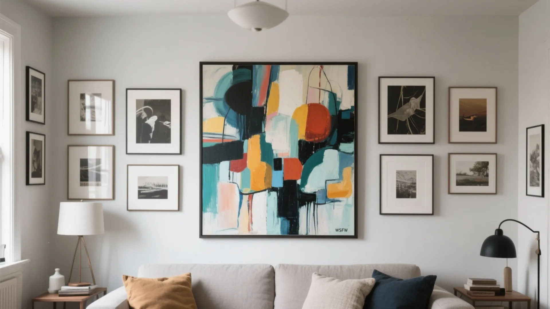 Modern living room featuring large abstract painting centered between smaller framed photos above a sofa
