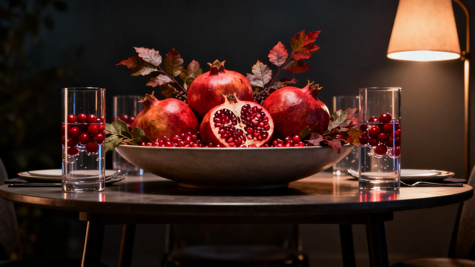 Table centerpiece bowl with fresh red pomegranates autumn leaves glass drinks and warm yellow lamp