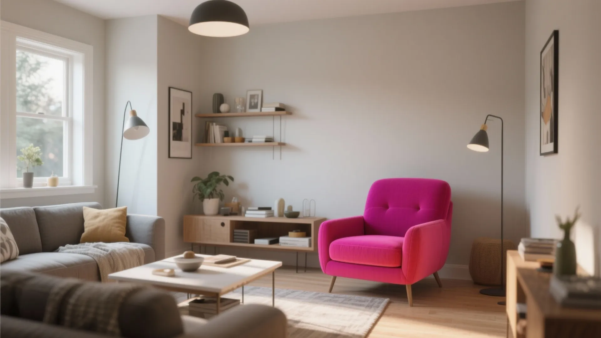 Modern living room featuring a bright pink armchair grey sofa wooden floor and black light