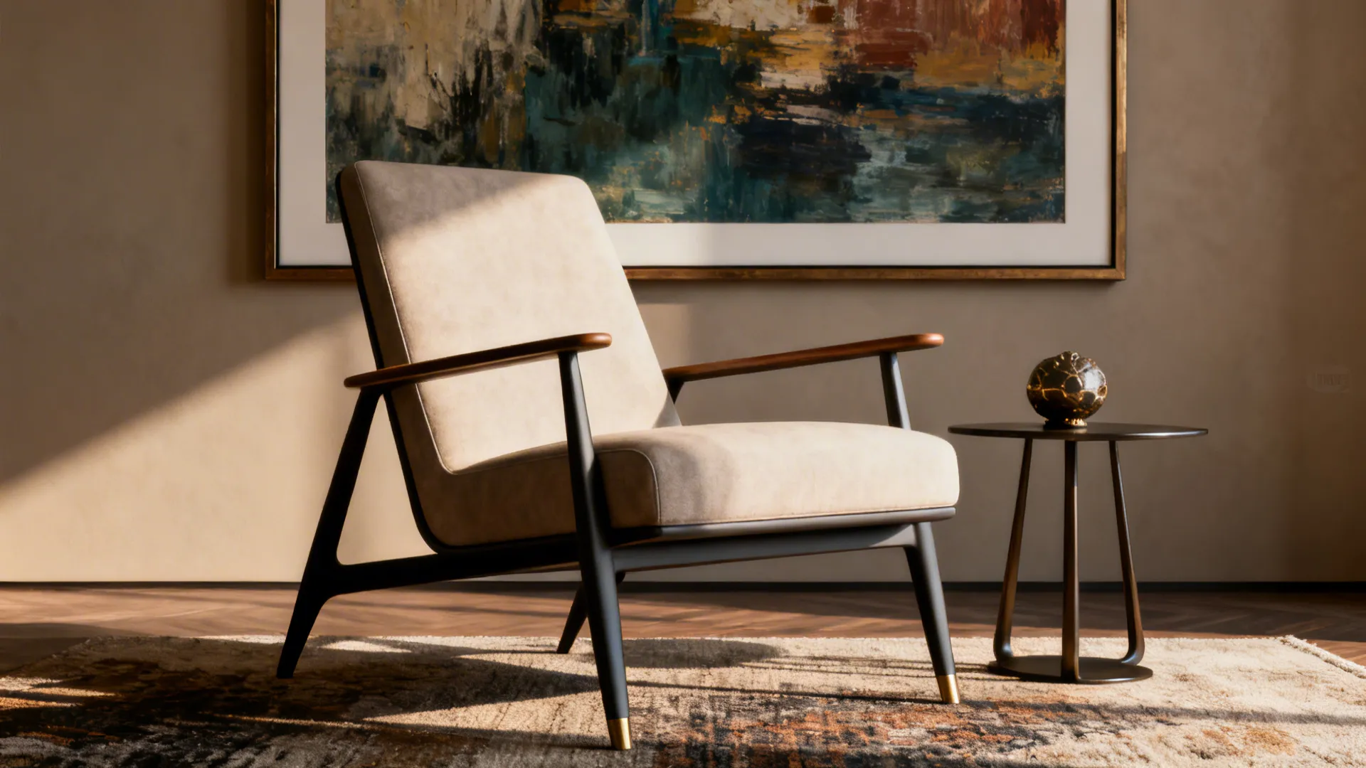 Sculptural lounge chair paired with oversized artwork in a corner.