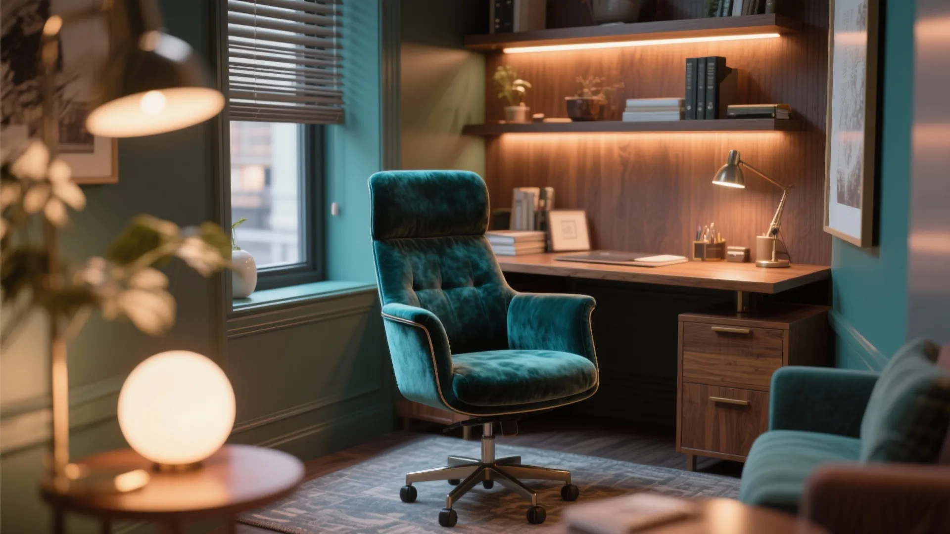Dark green velvet office chair in front of wooden desk with teal walls and lighting
