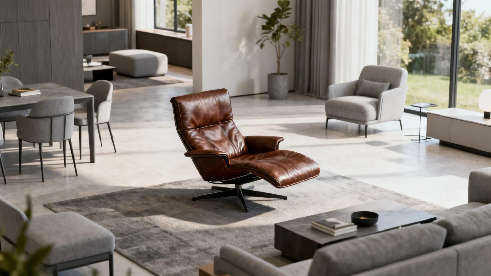 Modern open living room featuring a brown leather sofa gray rug and minimalist furniture pieces